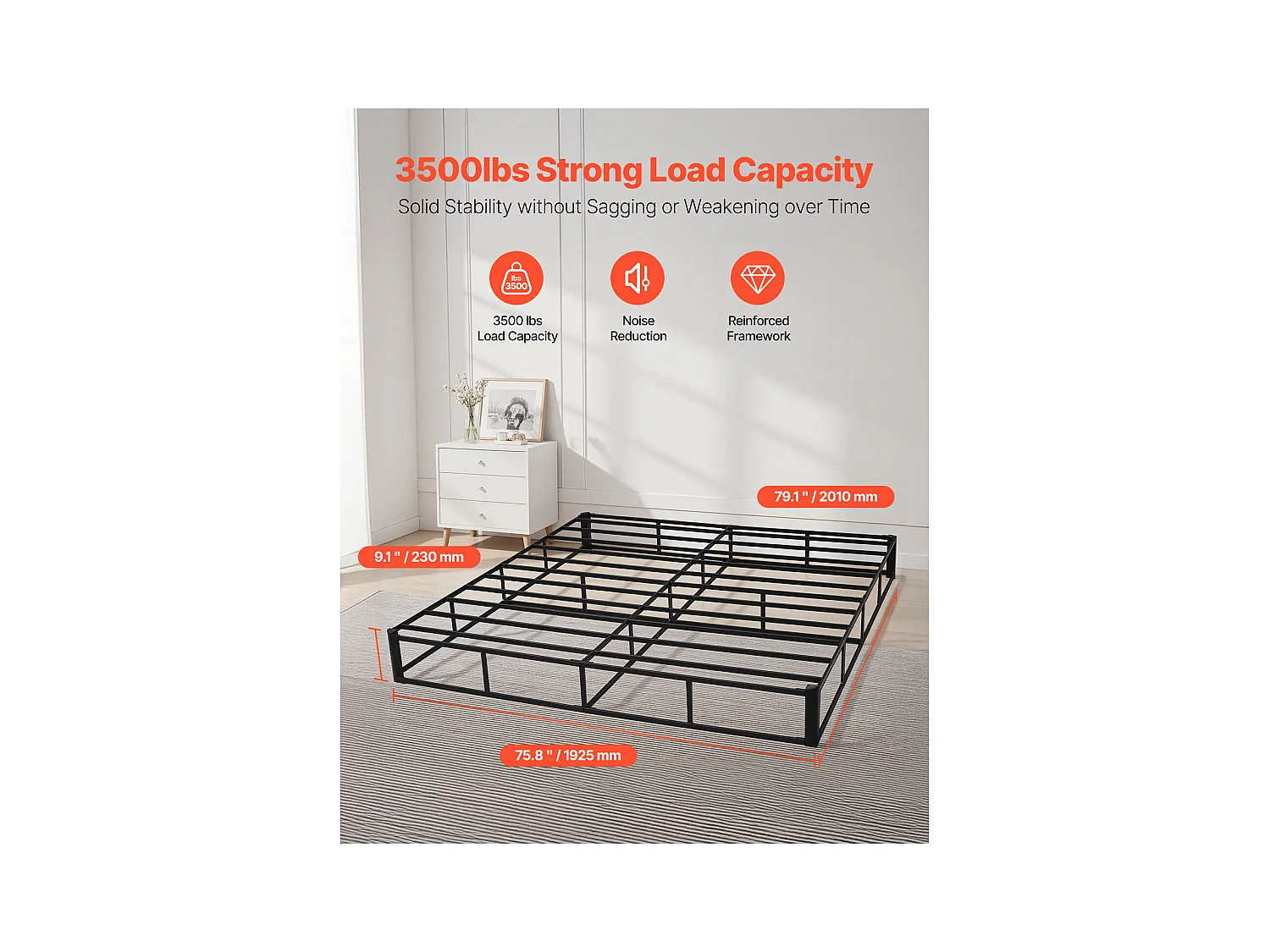 Matratzenunterbau Polstered SucceBuy für Sehr Großes Bett, Bettgestell King Size mit Waschbarem Bezug, Robuste Metallstruktur, 201 x 192.5 x 23 cm