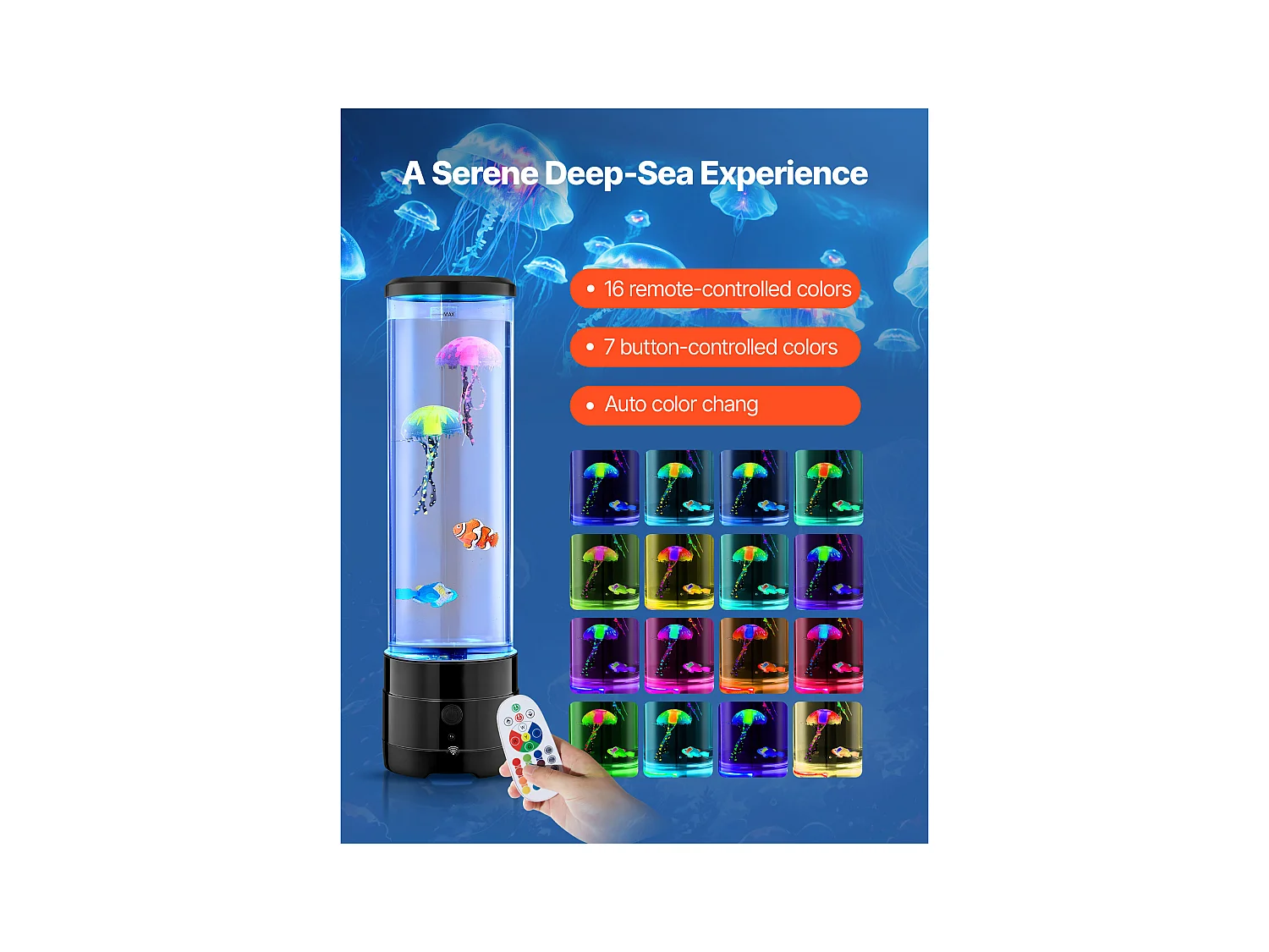 Lampe à Bulles SucceBuy à Poissons Méduses Flottants, 38.2 cm, 16 Effets de Lumières Changeantes de Couleur, pour Chambre à Coucher, Décoration Intérieure