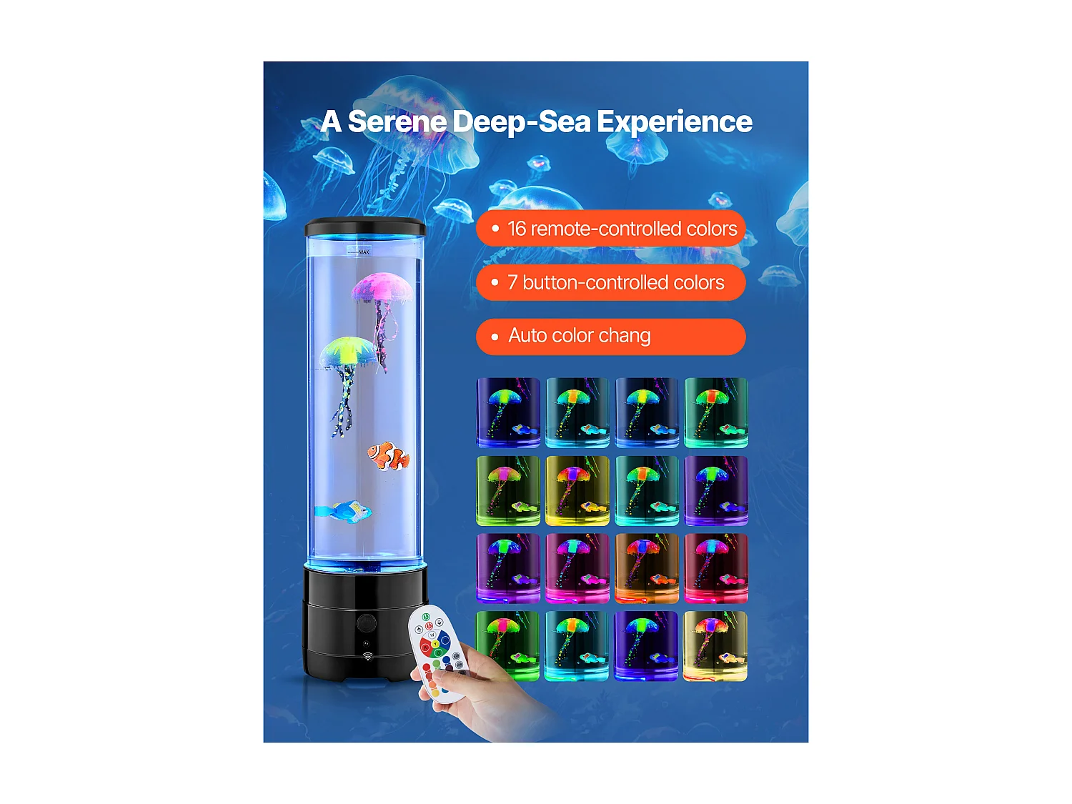 Lampe à Bulles SucceBuy à Poissons Méduses Flottants, 38.2 cm, 16 Effets de Lumières Changeantes de Couleur, pour Chambre à Coucher, Décoration Intérieure