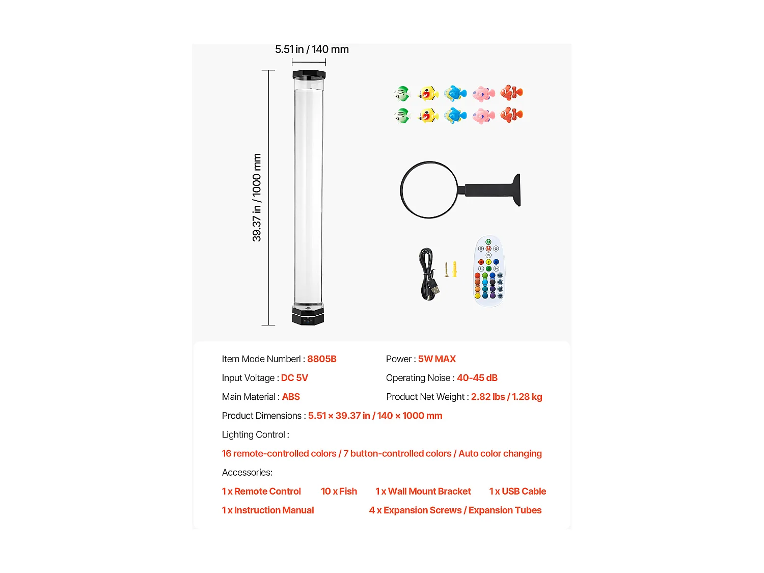 Lampe à Bulles SucceBuy avec 10 Poissons Flottants, 1 m, 16 Effets de Lumières Changeantes de Couleur, Lampe Ambiance pour Chambre à Coucher, Salon