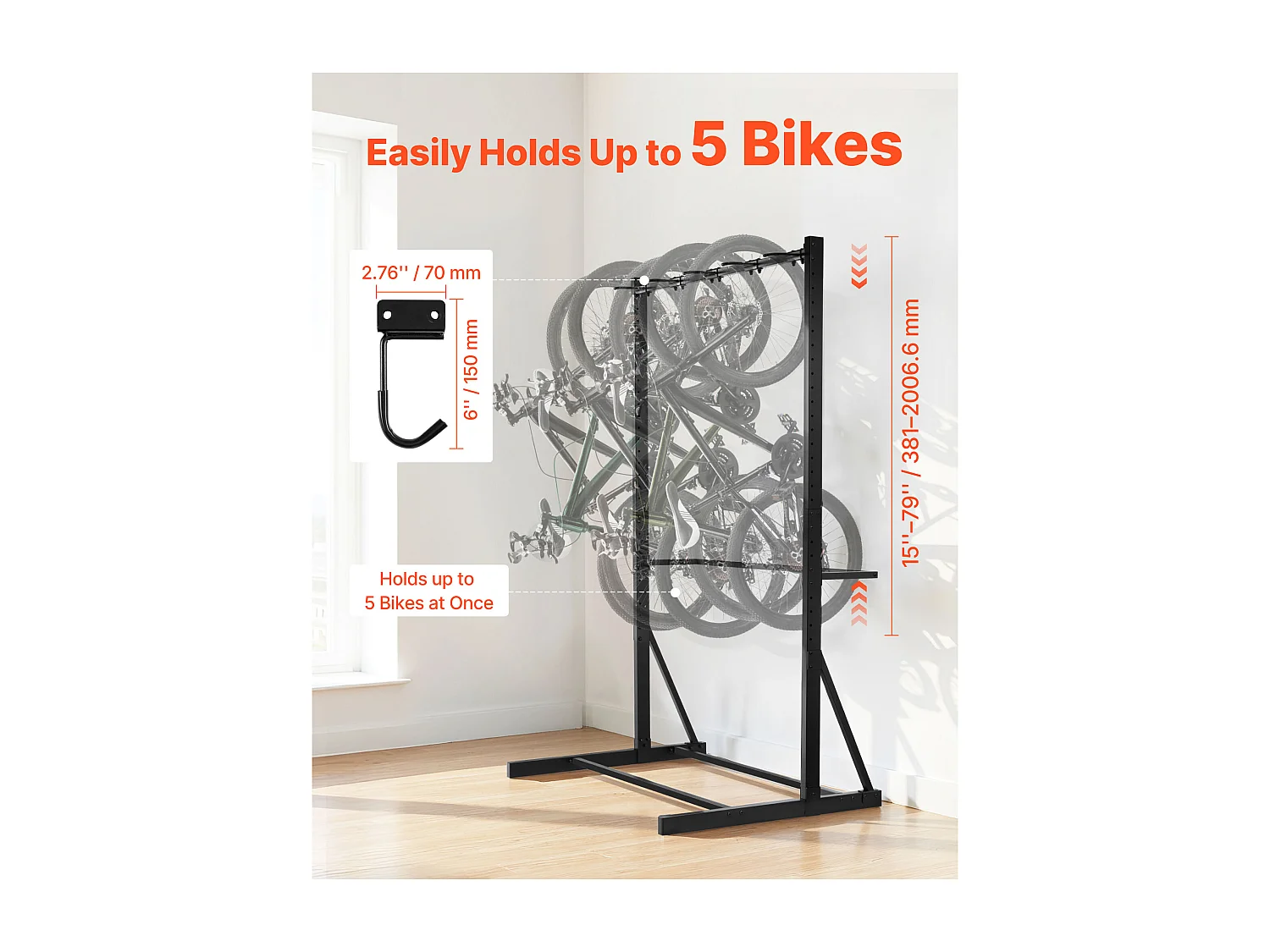 Fietsenstandaard SucceBuy 5 Fietsen Fietsendragers met 5 Robuuste Haken, Fietsopbergstandaard van Koolstofstaal, Verticale Fietsopbergstandaard voor Garage