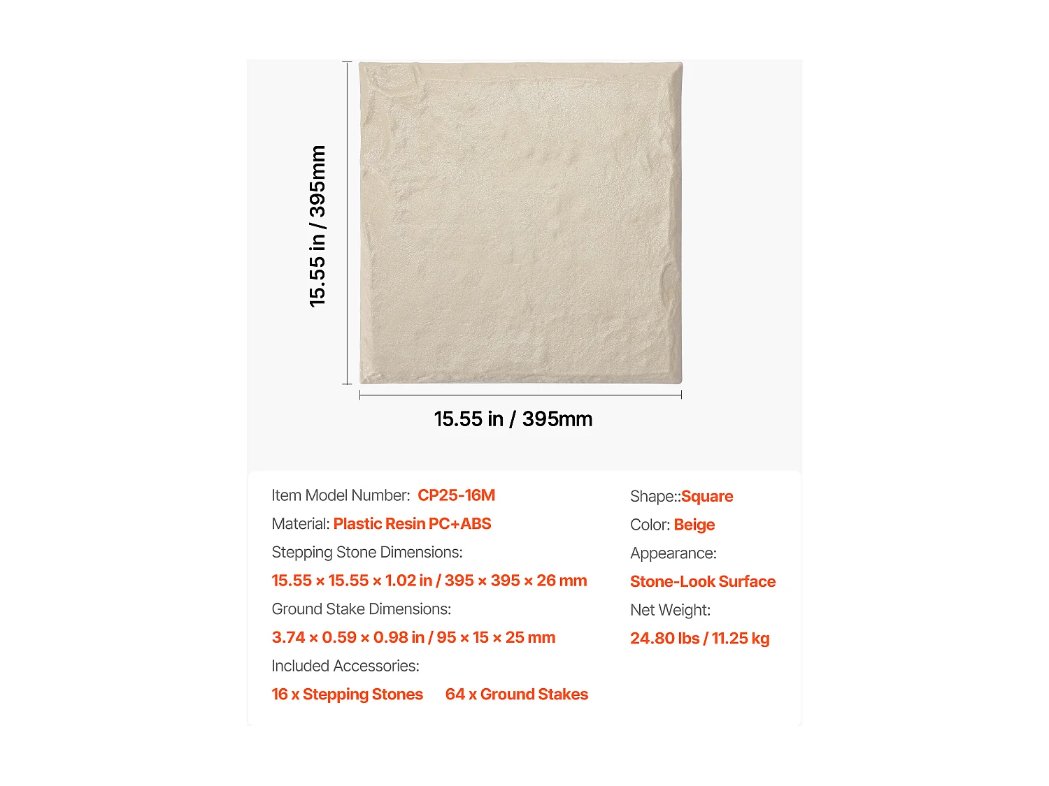 Piedras de Paso para Jardín SucceBuy, 16 PCS, Losas de Paso, 39,5x39,5 cm, Aspecto de Piedra Natural en Resina PC ABS, con Estacas de Suelo, Adoquines para Césped