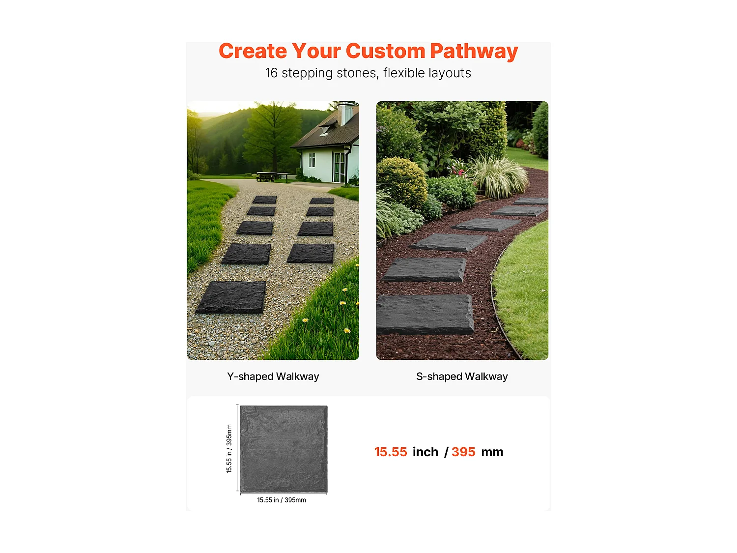 Pierres de Marche Jardin SucceBuy, 16 PCS, 39,5x39,5 cm, Aspect Pierre Naturelle en Résine PC ABS, avec Piquets de Sol, Pavés pour Pelouse, Terrasse, Gris