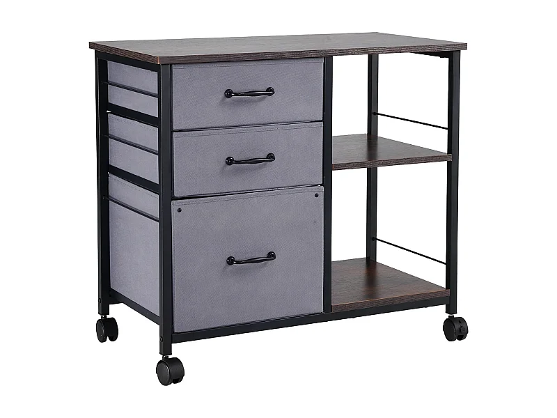 Büroschrank SucceBuy, mit 3 Stoffschubladen und 2 Offenen Regalen, Mobil, zur Aufbewahrung von Dokumenten und Akten, für zu Hause, Braun