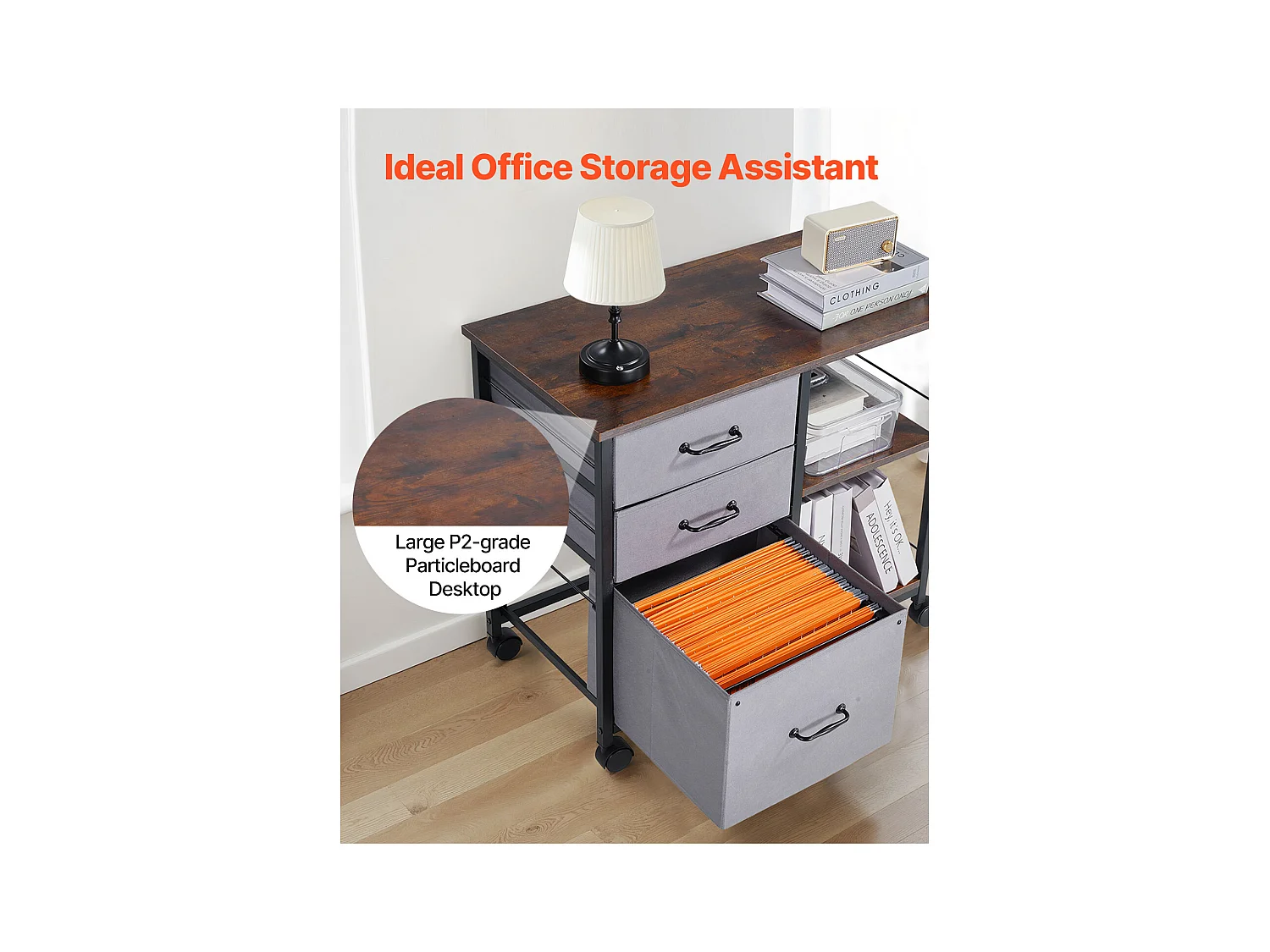 Armoire de Bureau SucceBuy, avec 3 Tiroirs en Tissu et 2 Étagères Ouvertes, Mobile, pour Rangement Classement des Documents et Dossiers, Maison, Marron