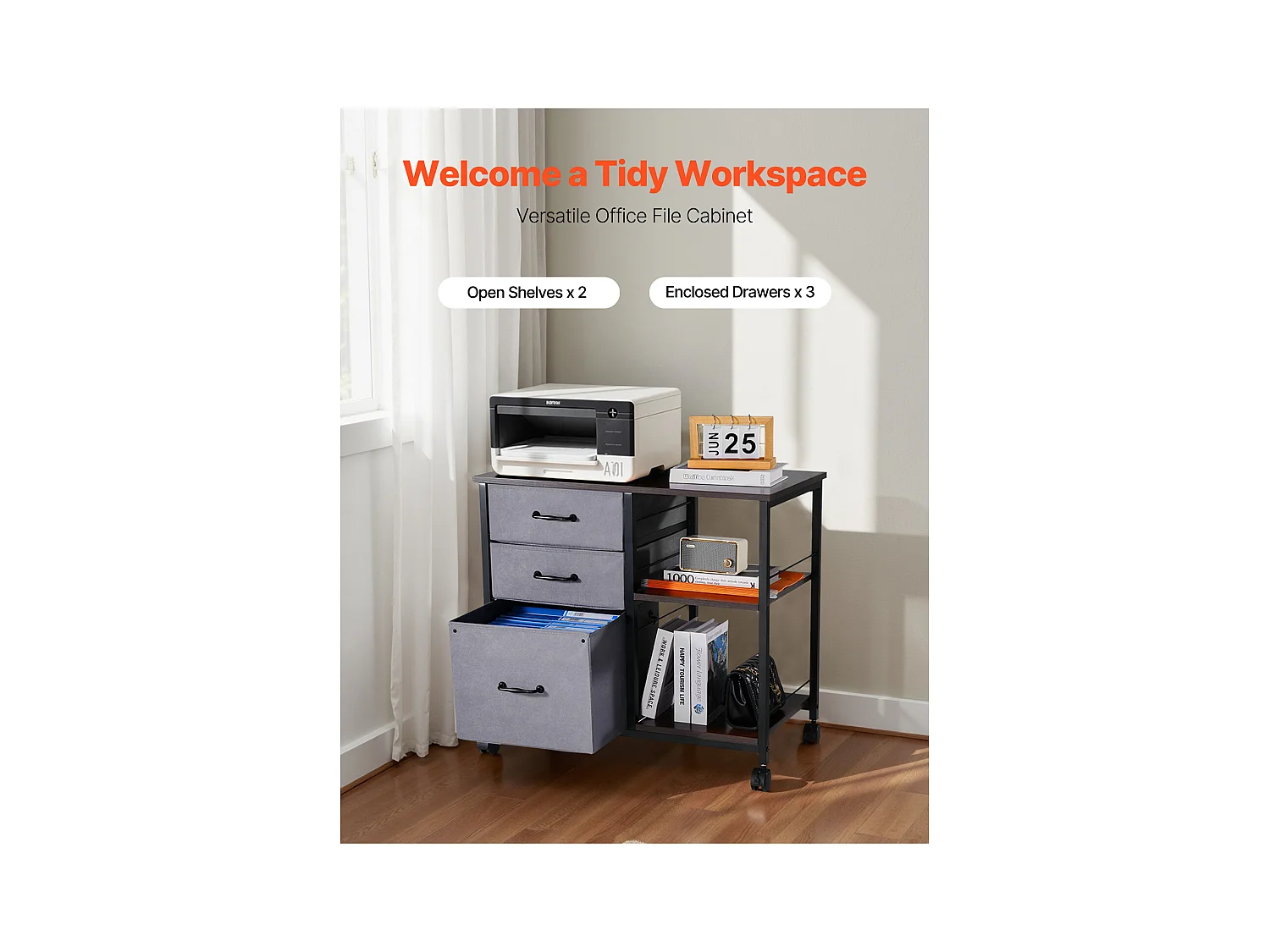 Armoire de Bureau SucceBuy, avec 3 Tiroirs en Tissu et 2 Étagères Ouvertes, Mobile, pour Rangement Classement des Documents et Dossiers, Maison, Marron