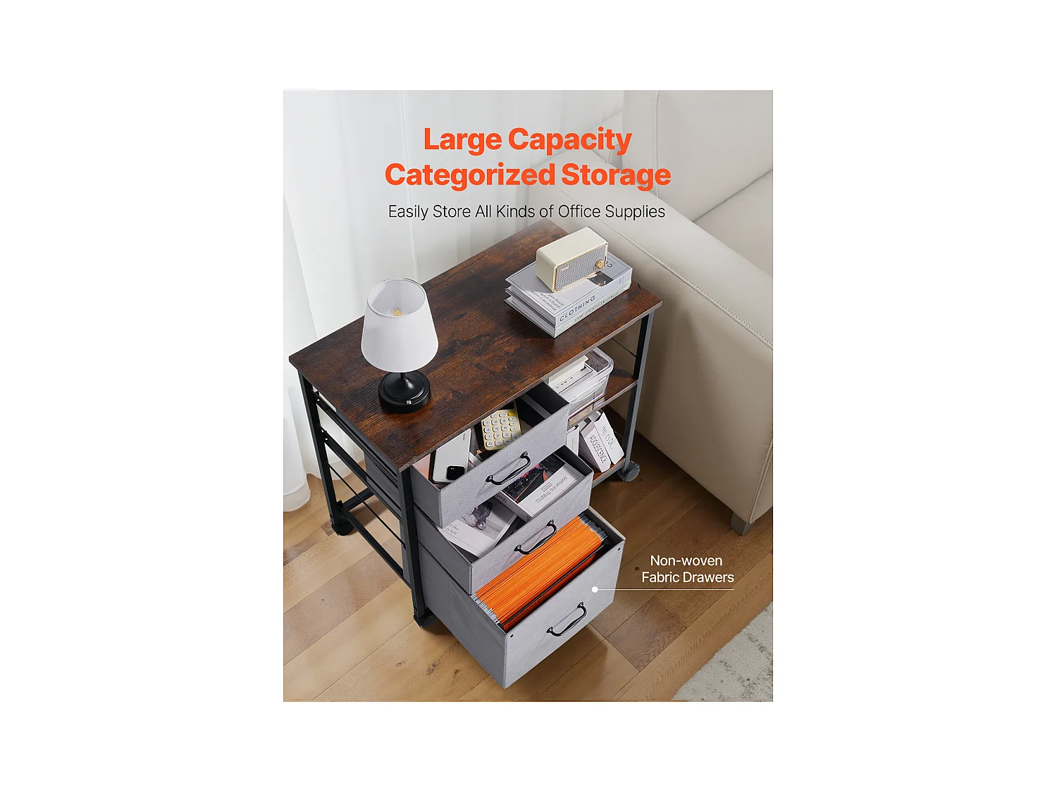 Armoire de Bureau SucceBuy, avec 3 Tiroirs en Tissu et 2 Étagères Ouvertes, Mobile, pour Rangement Classement des Documents et Dossiers, Maison, Marron