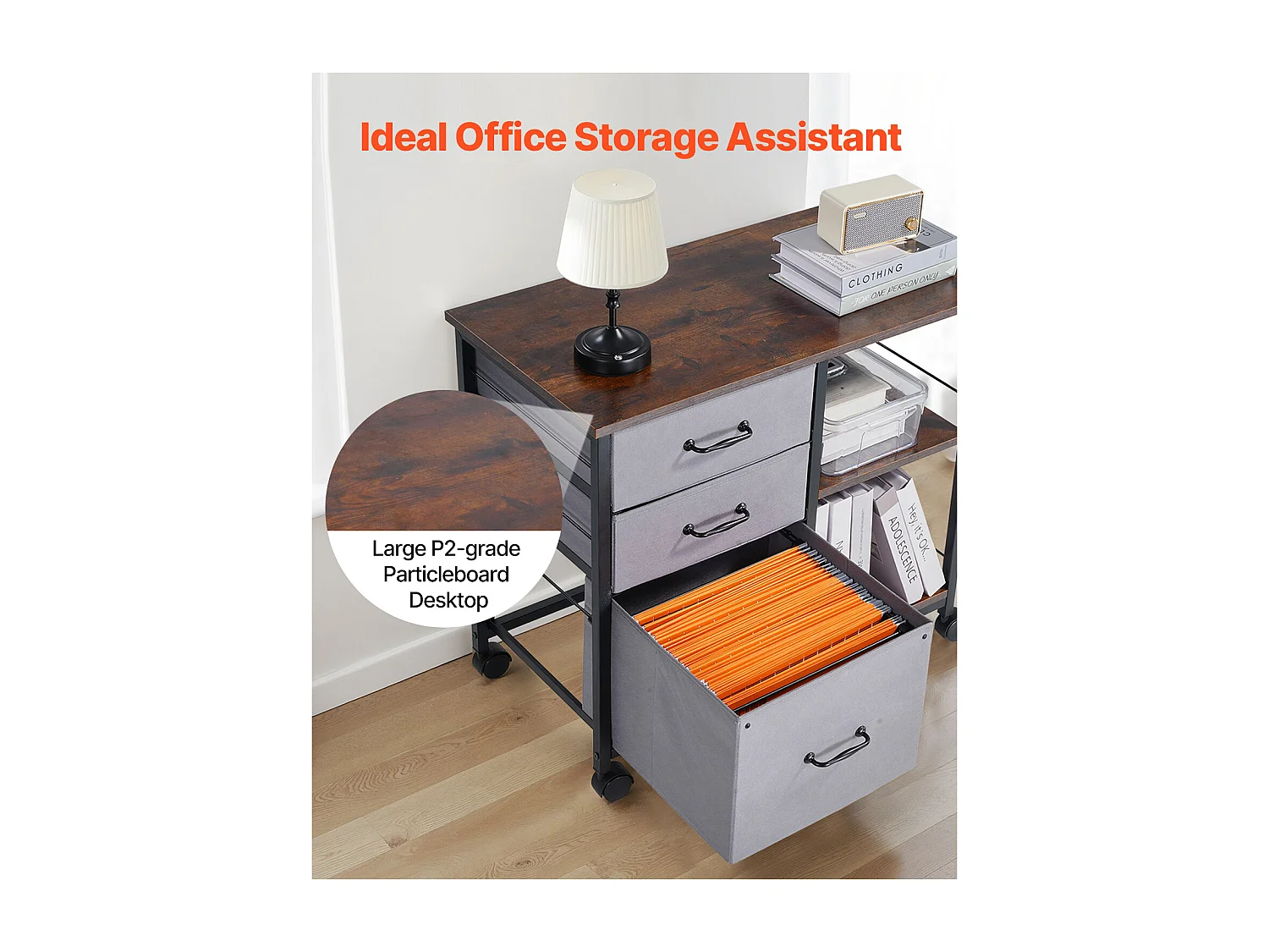 Armoire de Bureau SucceBuy, avec 3 Tiroirs en Tissu et 2 Étagères Ouvertes, Mobile, pour Rangement Classement des Documents et Dossiers, Maison, Marron