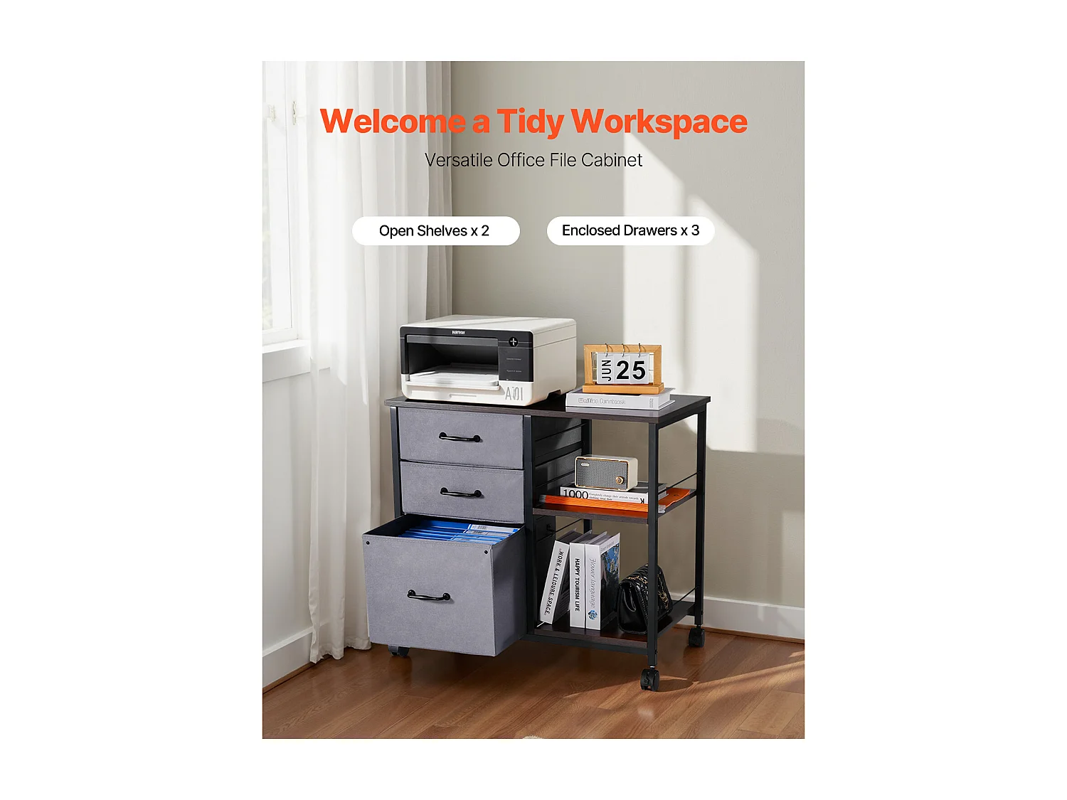 Armoire de Bureau SucceBuy, avec 3 Tiroirs en Tissu et 2 Étagères Ouvertes, Mobile, pour Rangement Classement des Documents et Dossiers, Maison, Marron