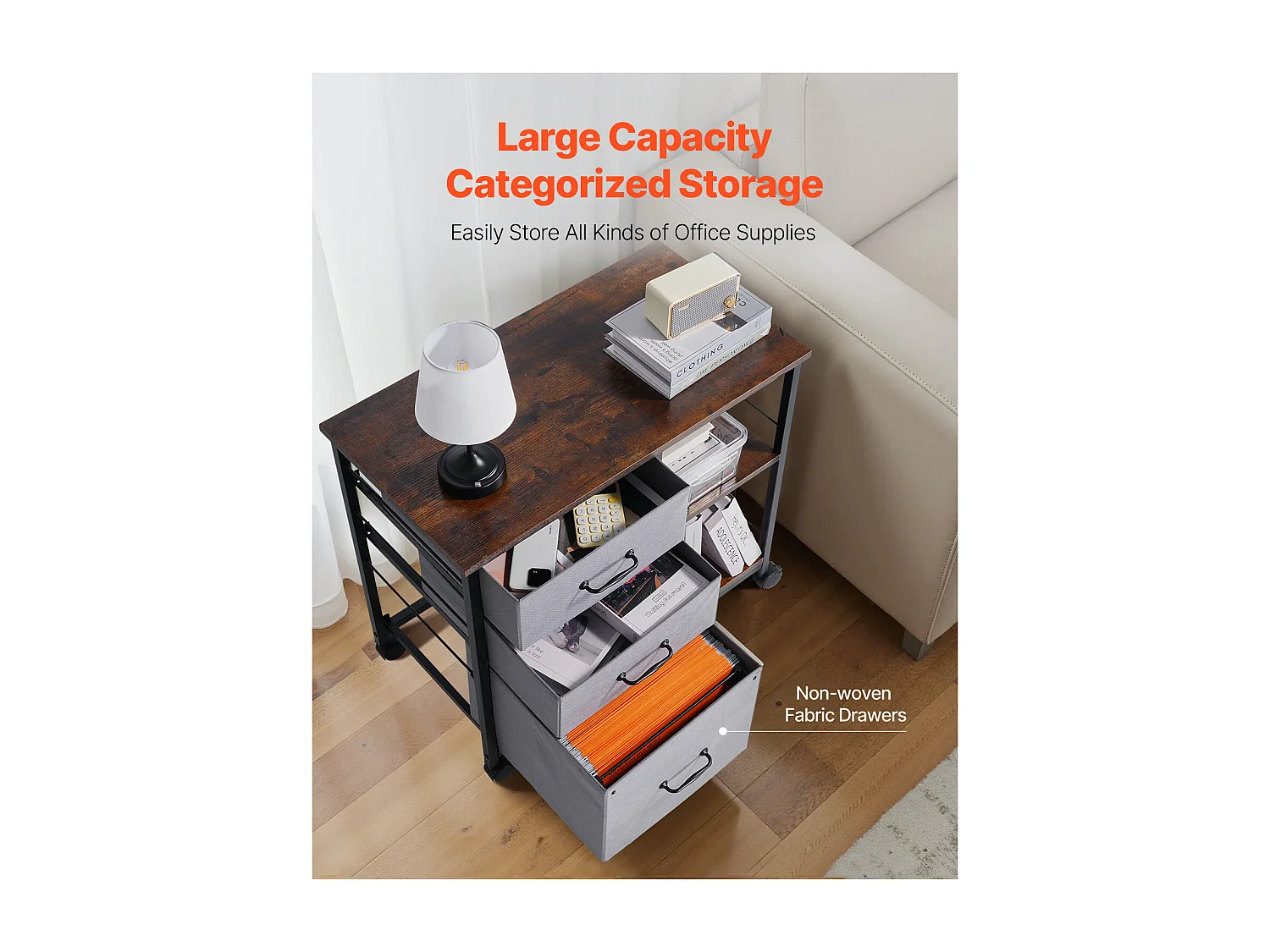 Armoire de Bureau SucceBuy, avec 3 Tiroirs en Tissu et 2 Étagères Ouvertes, Mobile, pour Rangement Classement des Documents et Dossiers, Maison, Marron