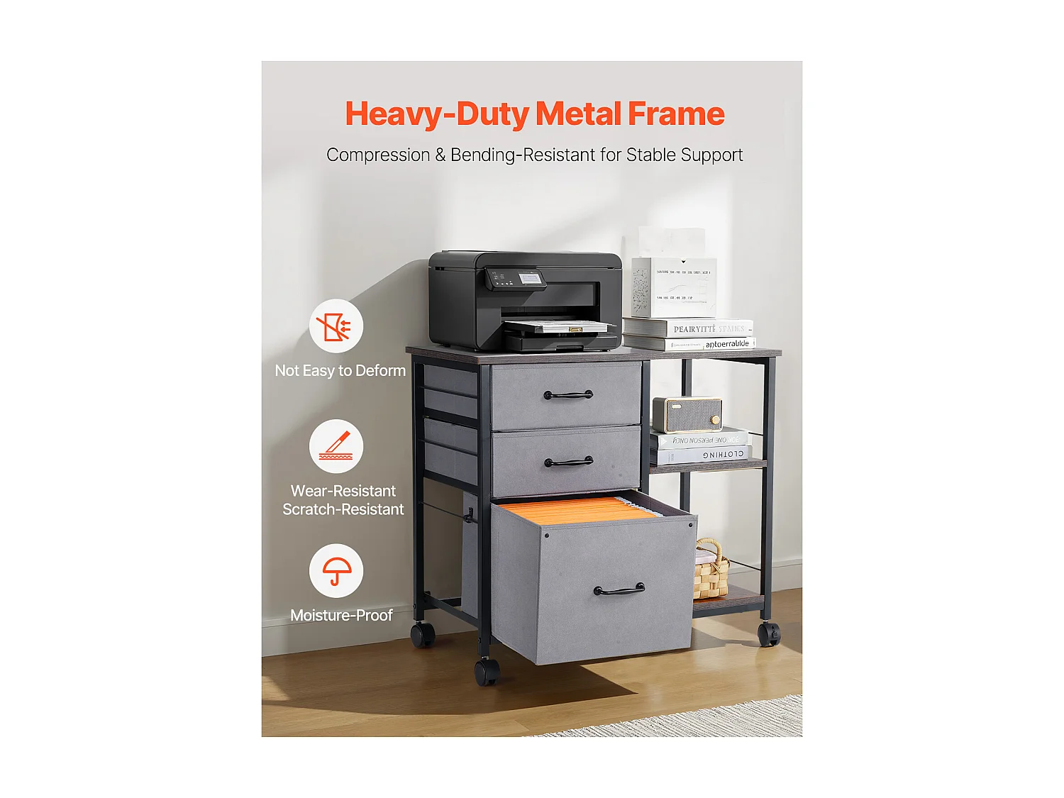 Armoire de Bureau SucceBuy, avec 3 Tiroirs en Tissu et 2 Étagères Ouvertes, Mobile, pour Rangement Classement des Documents et Dossiers, Maison, Marron