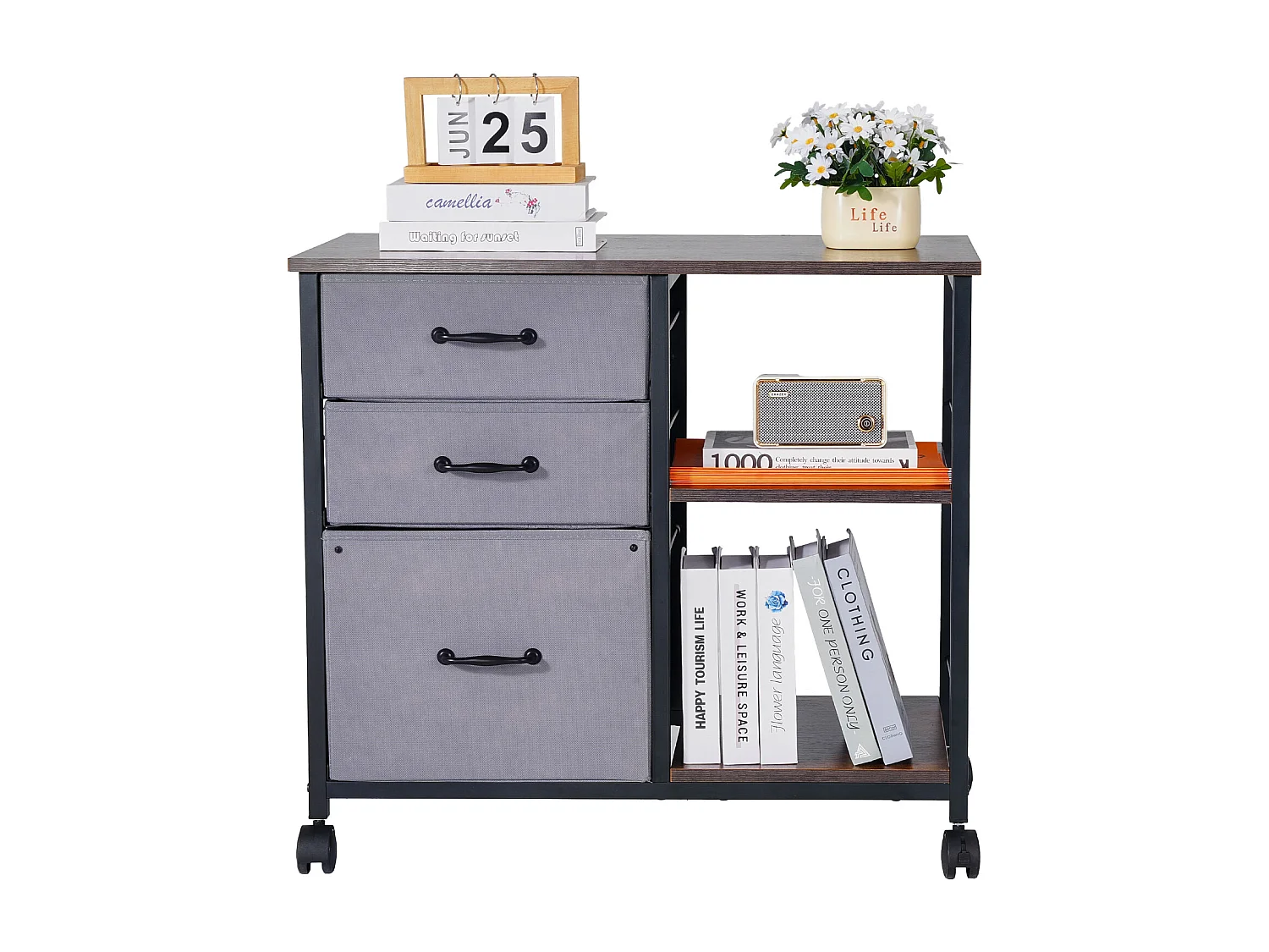 Armoire de Bureau SucceBuy, avec 3 Tiroirs en Tissu et 2 Étagères Ouvertes, Mobile, pour Rangement Classement des Documents et Dossiers, Maison, Marron