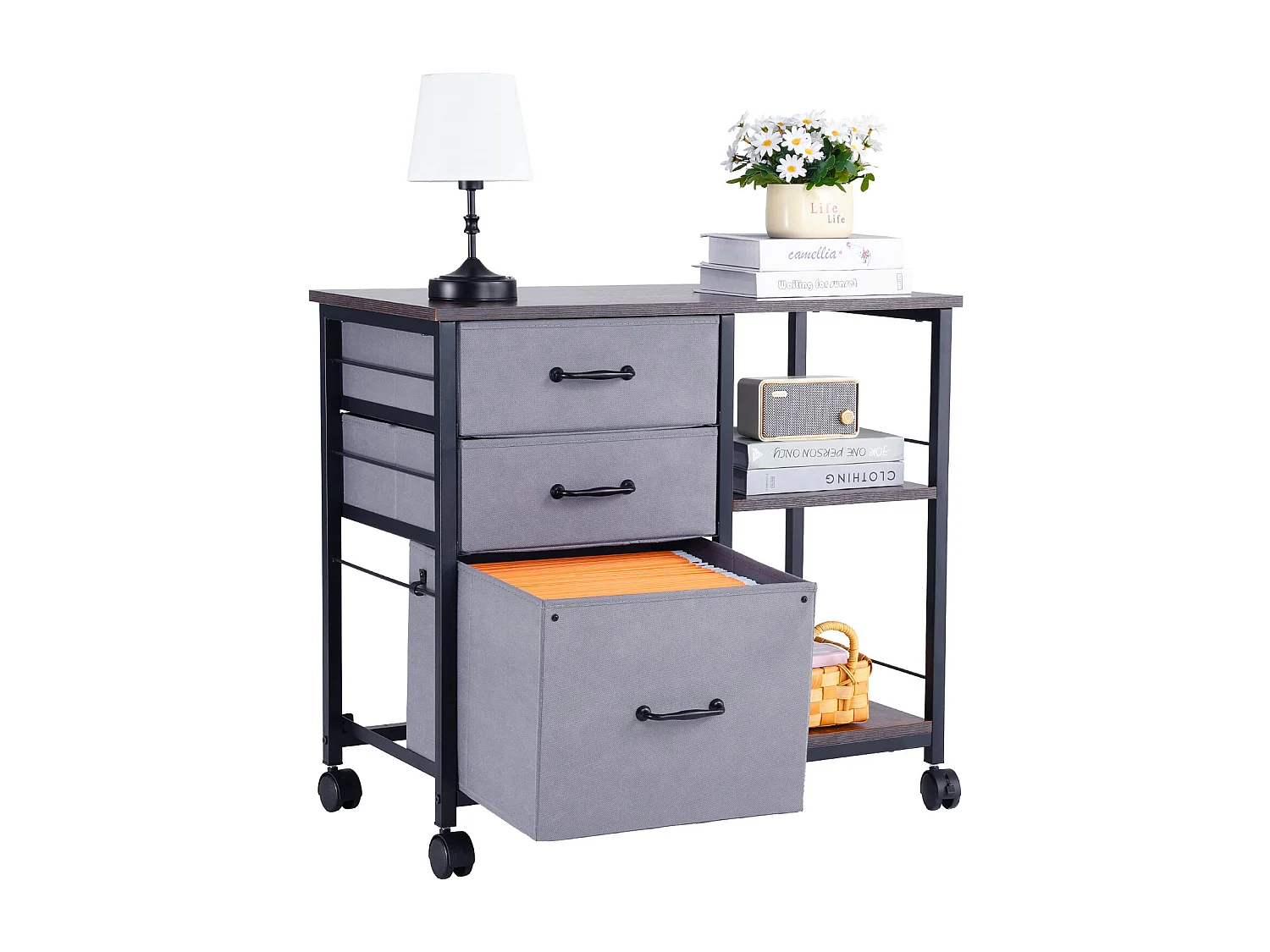 Armoire de Bureau SucceBuy, avec 3 Tiroirs en Tissu et 2 Étagères Ouvertes, Mobile, pour Rangement Classement des Documents et Dossiers, Maison, Marron