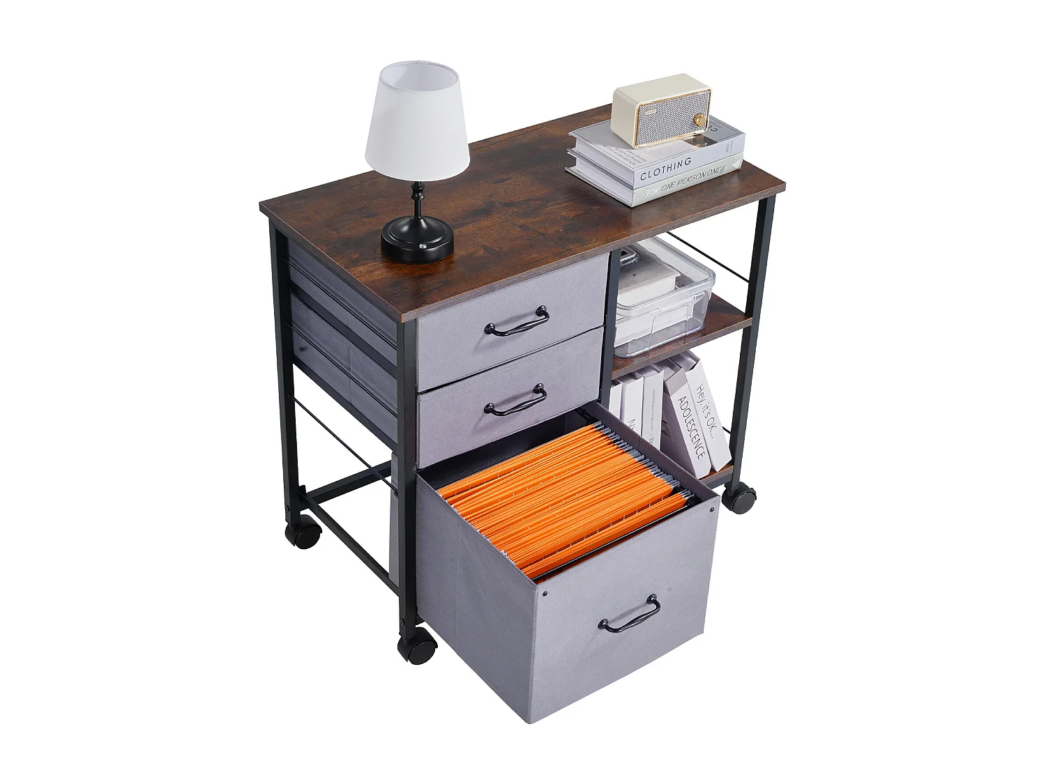 Armoire de Bureau SucceBuy, avec 3 Tiroirs en Tissu et 2 Étagères Ouvertes, Mobile, pour Rangement Classement des Documents et Dossiers, Maison, Marron