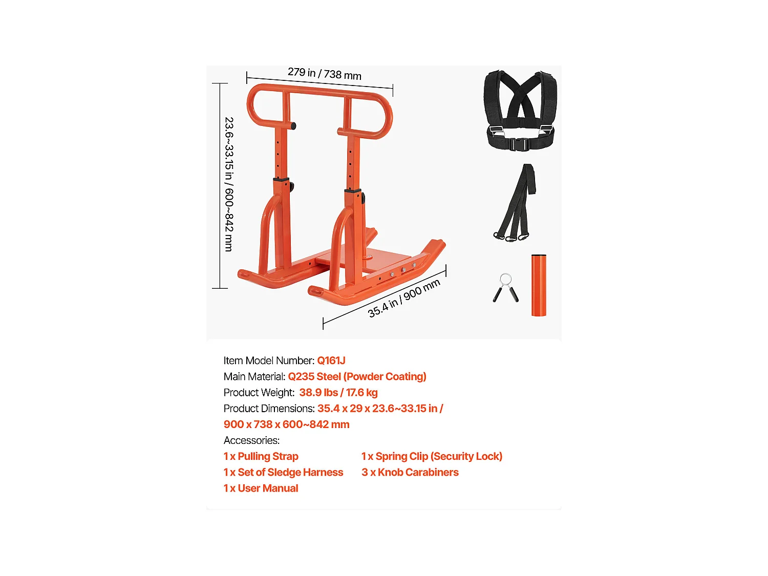 Kraftschlitten aus Stahl SucceBuy, Krafttrainingsgerät, mit Höhenverstellbarem Griff, Schieben und Ziehen, für Fitness, Orange