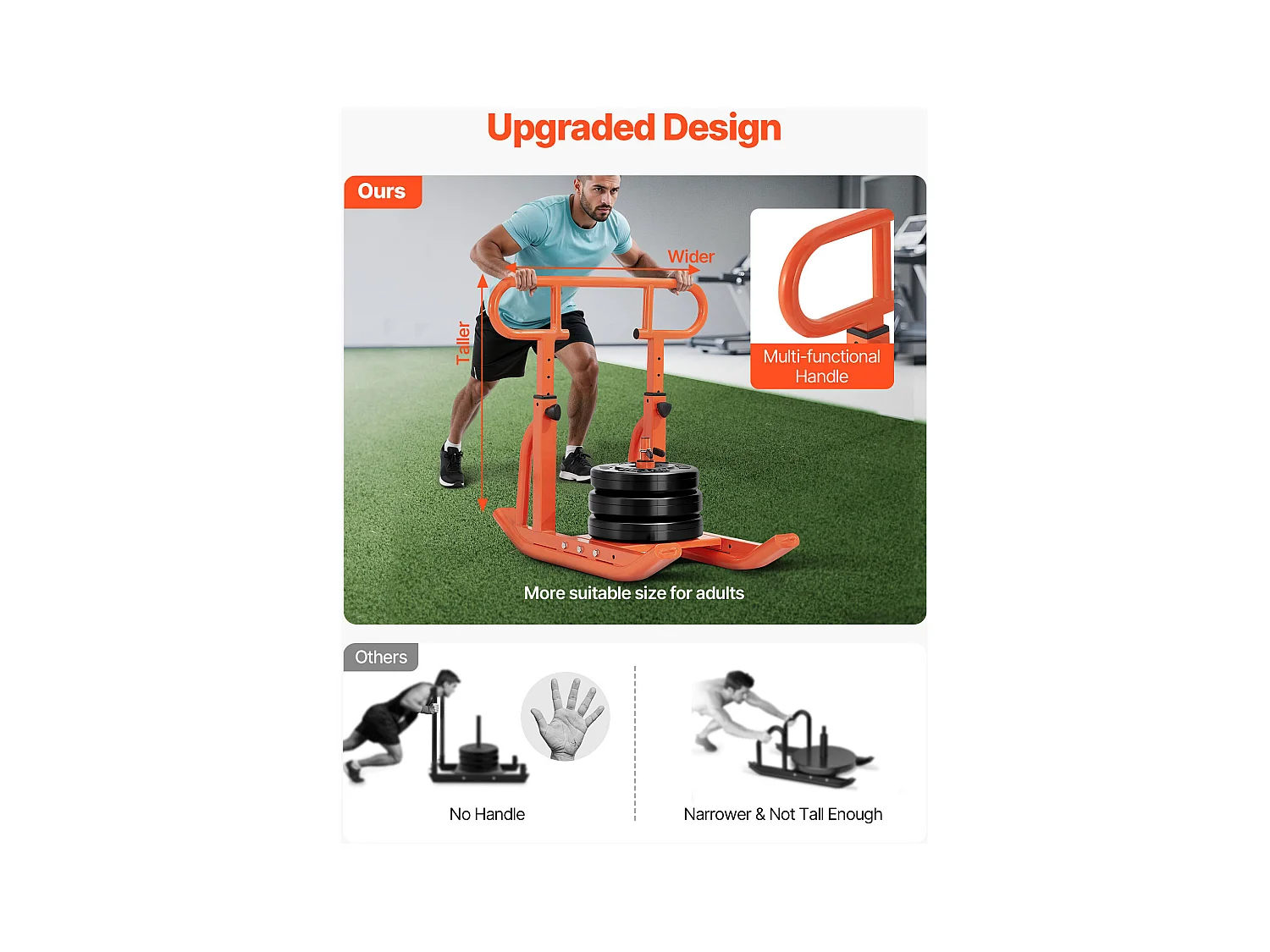 Kraftschlitten aus Stahl SucceBuy, Krafttrainingsgerät, mit Höhenverstellbarem Griff, Schieben und Ziehen, für Fitness, Orange