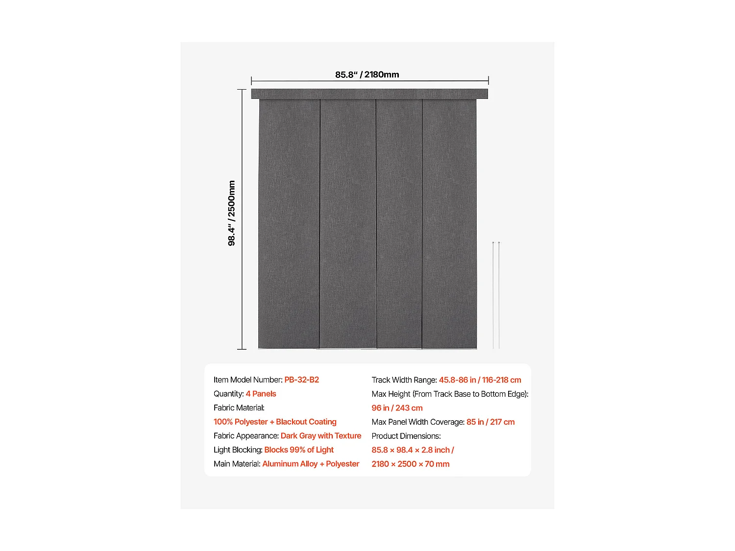 Verduisterend Paneelgordijn SucceBuy Verticaal op Rail 116-218 cm Breed, Japans Paneel Verstelbaar tot 243 cm Hoog, Ideaal voor Schuifdeuren