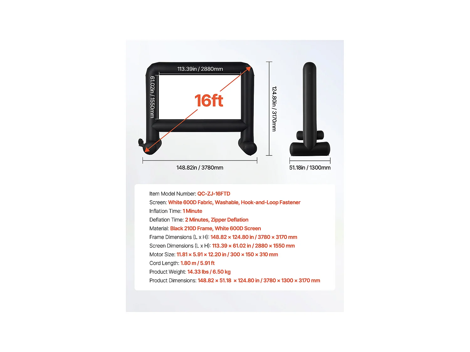 Écran de Projection Gonflable SucceBuy, Fabriqué en Matériau 600D Durable, Comprend un Sac de Rangement Portable. Format 16:9, 378 x 130 x 317 cm