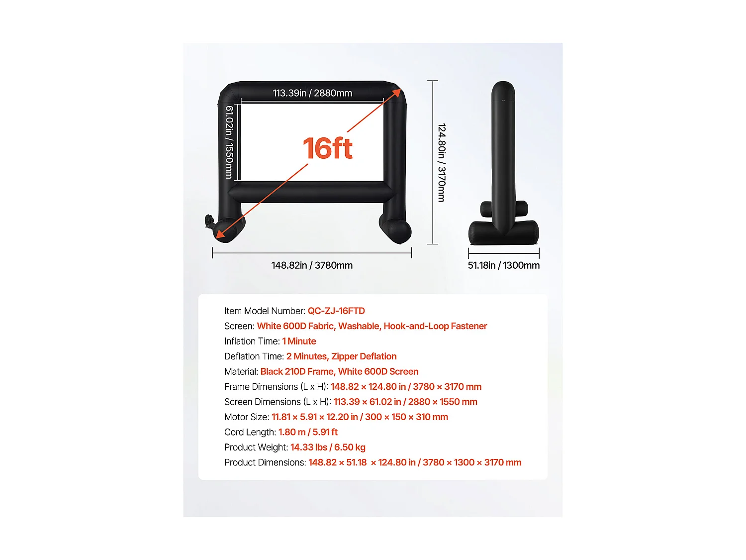 Opblaasbaar Projectiescherm SucceBuy, Gemaakt van Duurzaam 600D-Materiaal, Inclusief Draagbare Opbergzak. Formaat 16:9, 378 x 130 x 317 cm
