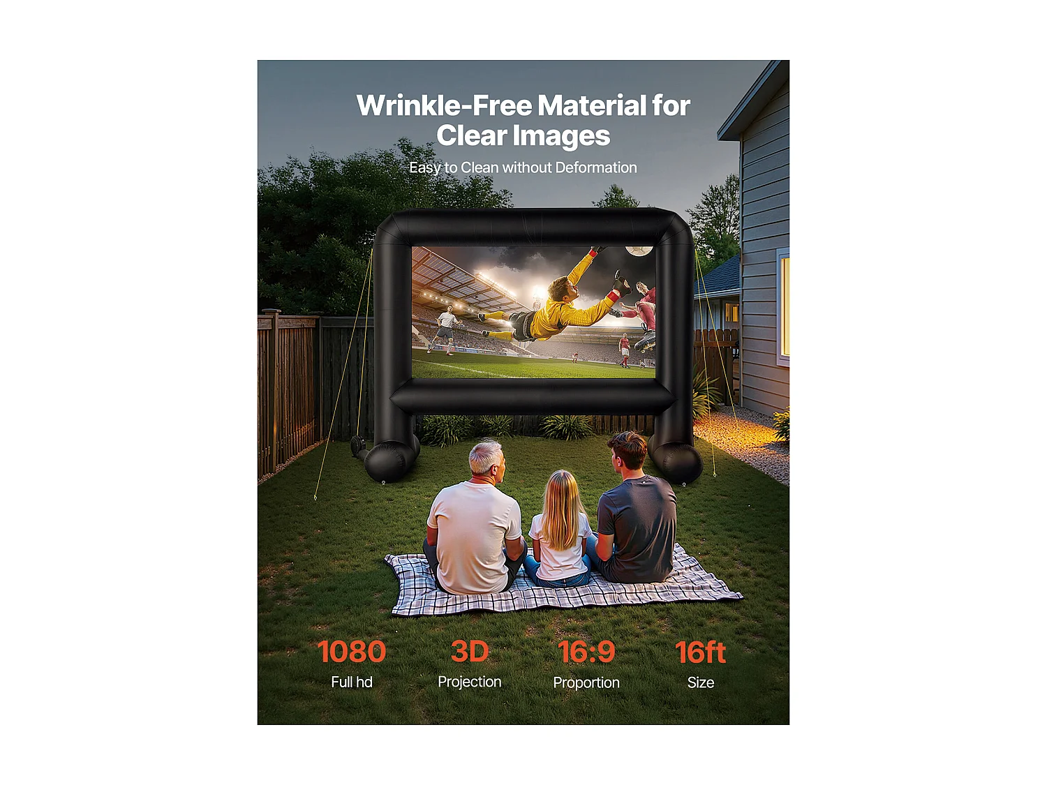 Opblaasbaar Projectiescherm SucceBuy, Gemaakt van Duurzaam 600D-Materiaal, Inclusief Draagbare Opbergzak. Formaat 16:9, 378 x 130 x 317 cm