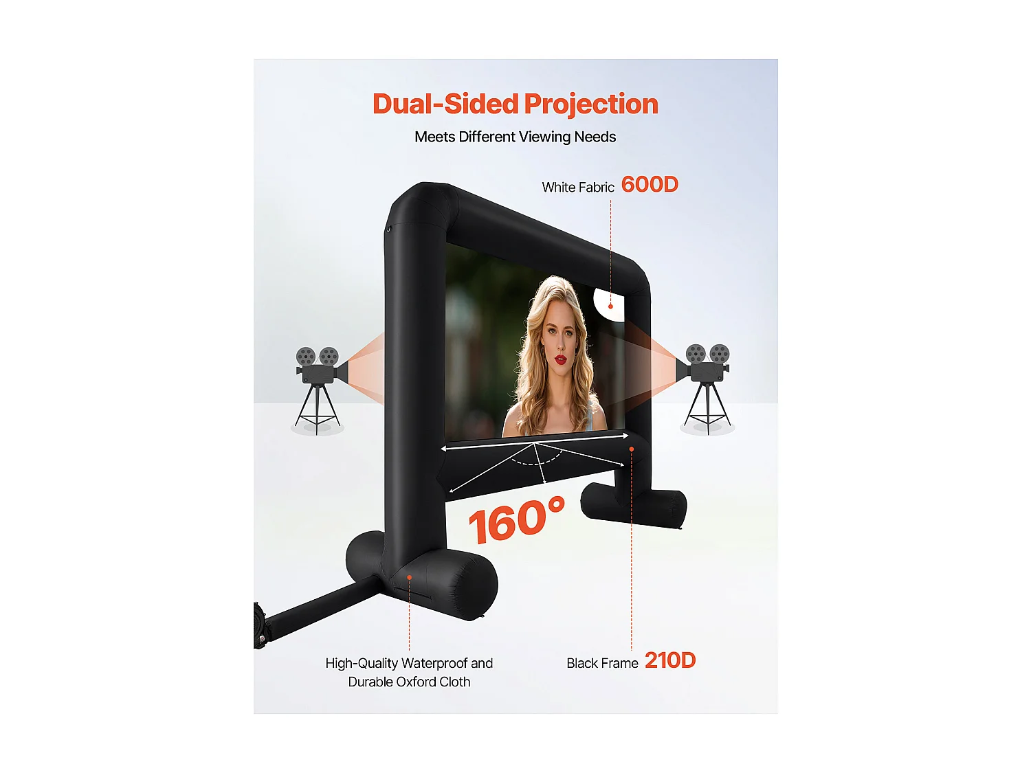 Opblaasbaar Projectiescherm SucceBuy, Gemaakt van Duurzaam 600D-Materiaal, Inclusief Draagbare Opbergzak. Formaat 16:9, 378 x 130 x 317 cm