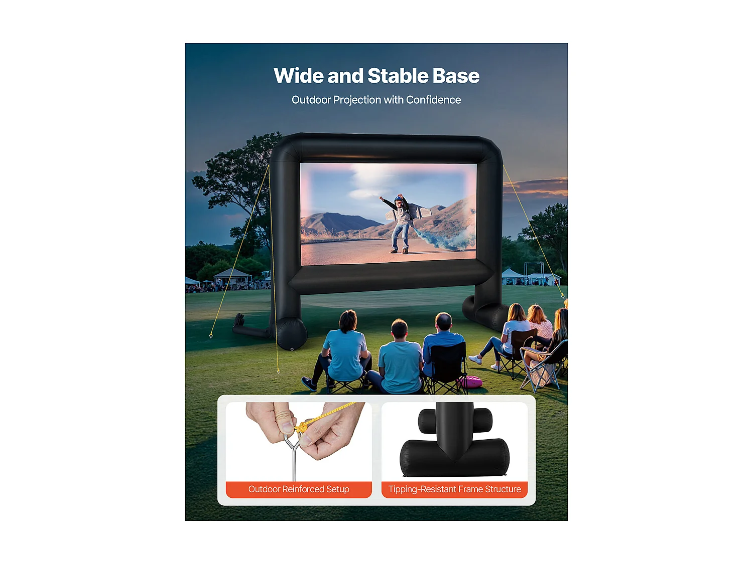 Opblaasbaar Projectiescherm SucceBuy, Gemaakt van Duurzaam 600D-Materiaal, Inclusief Draagbare Opbergzak. Formaat 16:9, 378 x 130 x 317 cm