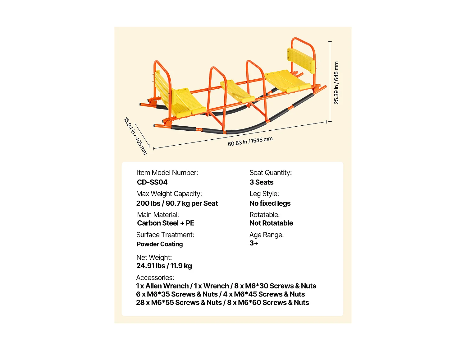 Balançoire à Bascule SucceBuy, Capacité de Charge 90,7 kg, avec Poignées, Larges Sièges à Dossier, pour Pelouse, Jardin, pour 2 Enfants 3 Ans et Plus