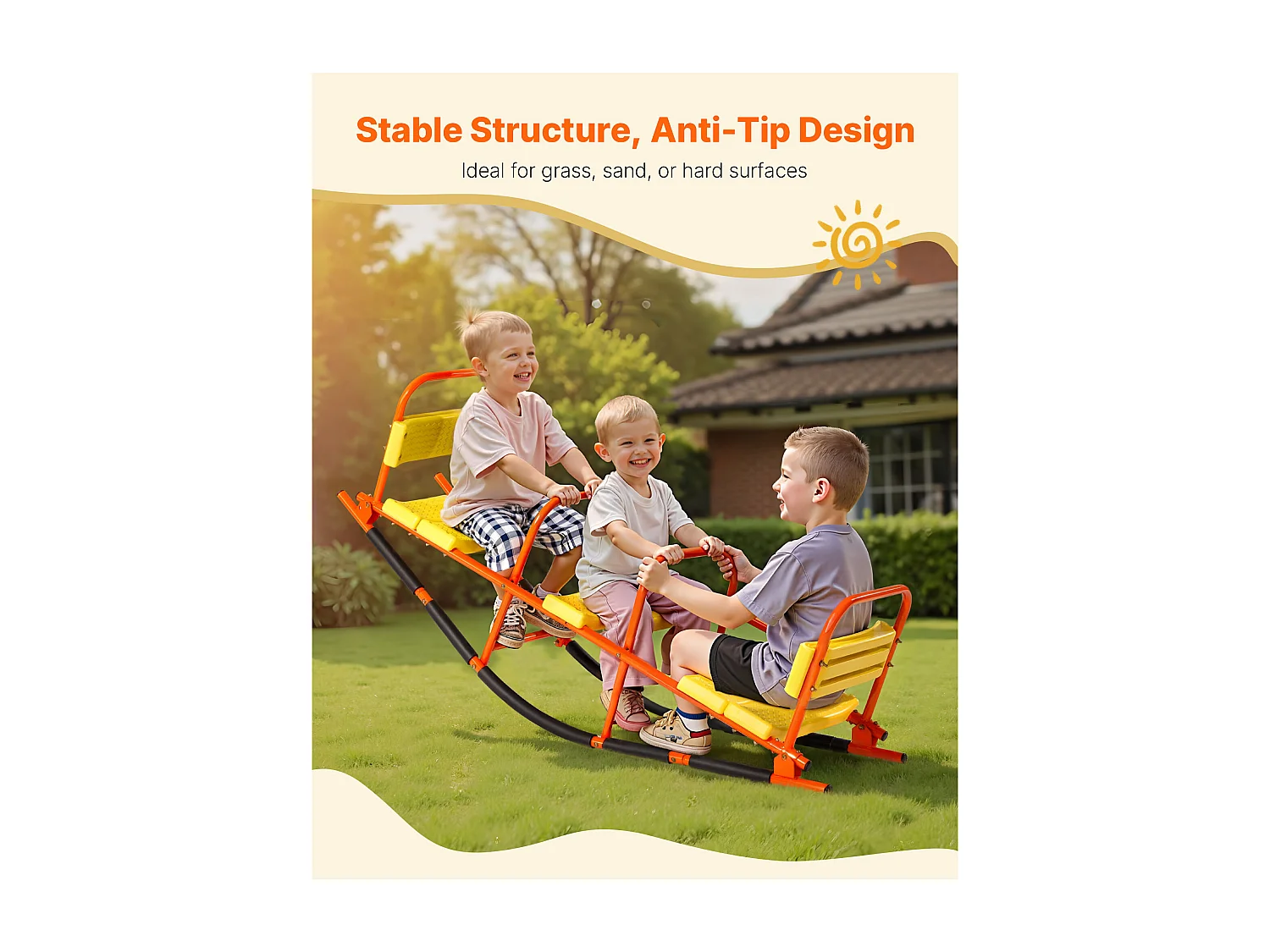 Balançoire à Bascule SucceBuy, Capacité de Charge 90,7 kg, avec Poignées, Larges Sièges à Dossier, pour Pelouse, Jardin, pour 2 Enfants 3 Ans et Plus