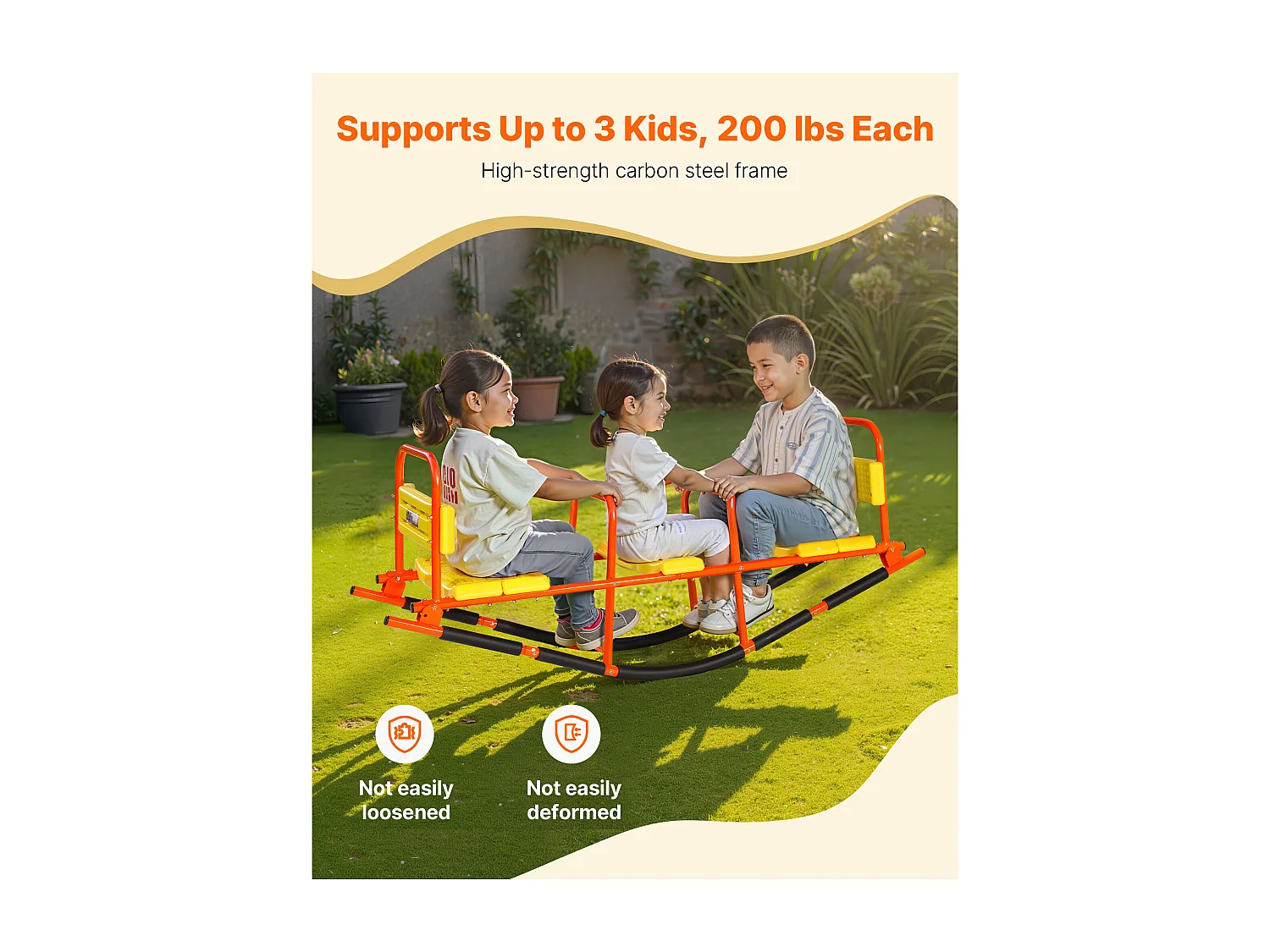 Balançoire à Bascule SucceBuy, Capacité de Charge 90,7 kg, avec Poignées, Larges Sièges à Dossier, pour Pelouse, Jardin, pour 2 Enfants 3 Ans et Plus