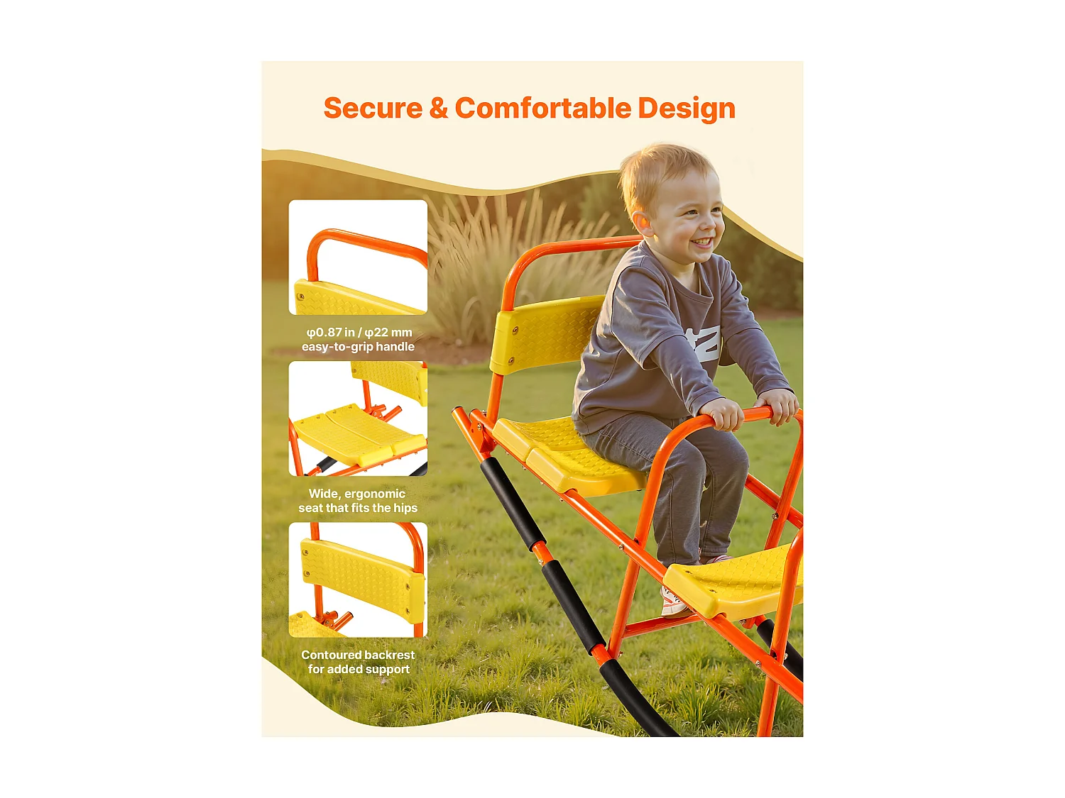 Balançoire à Bascule SucceBuy, Capacité de Charge 90,7 kg, avec Poignées, Larges Sièges à Dossier, pour Pelouse, Jardin, pour 2 Enfants 3 Ans et Plus