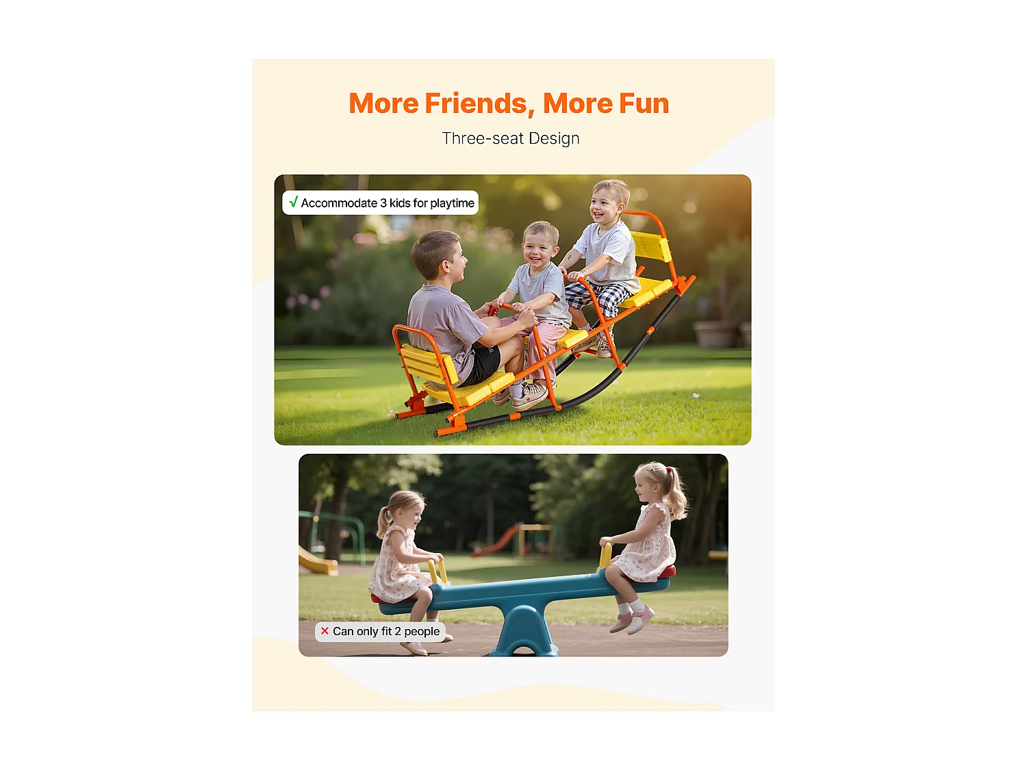 Balançoire à Bascule SucceBuy, Capacité de Charge 90,7 kg, avec Poignées, Larges Sièges à Dossier, pour Pelouse, Jardin, pour 2 Enfants 3 Ans et Plus