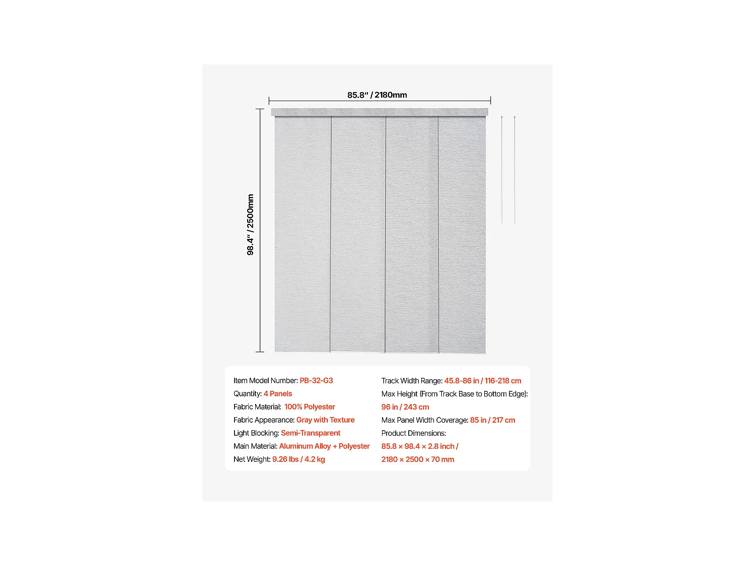 Store à Panneaux SucceBuy sur Rail Extensible, 116-218 cm de Largeur, Panneau Japonais Vertical Ajustable jusqu'à 243 cm de Hauteur, Gris