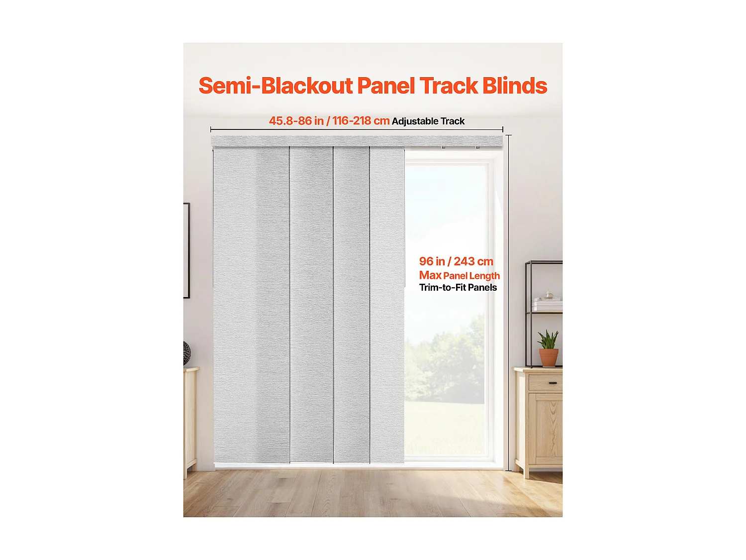 Roleta Panelowa SucceBuy na Rozciągalnej Szynie, Szerokość 116-218 cm, Panel Japoński Pionowy Regulowany do Wysokości 243 cm, Szary