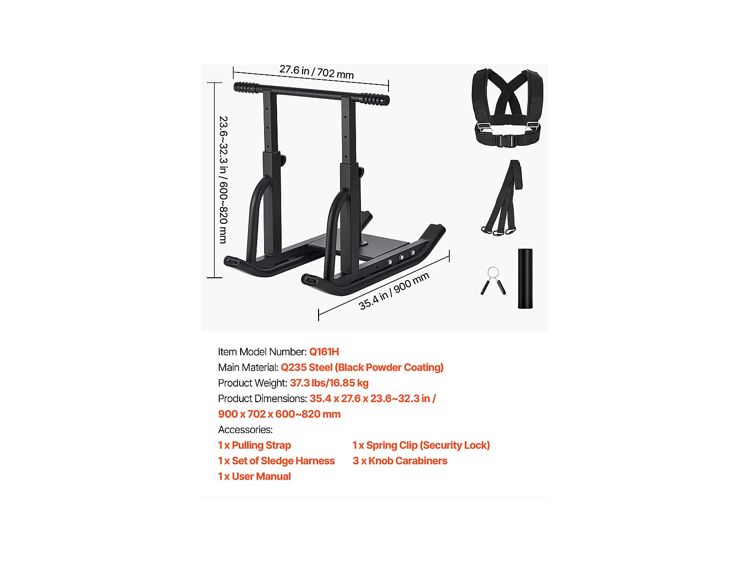 Sanki Treningowe do Pchania i Ciągnięcia SucceBuy, Sprzęt do Treningu Siłowego, z Uchwytem o Regulowanej Wysokości, do Fitnessu, Czarne