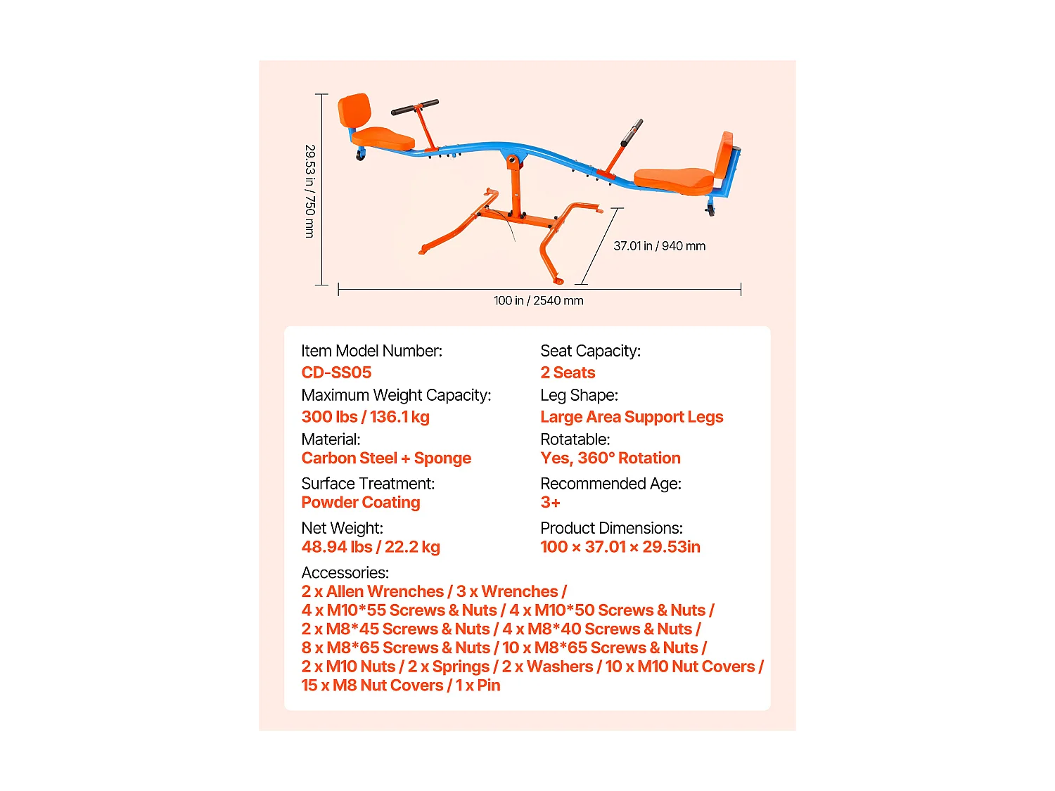 Balançoire à Bascule SucceBuy, Capacité de Charge 136 kg, avec Poignées Confortables, Sièges à Dossier, Rotation à 360°, pour 2 Enfants 3 Ans et Plus