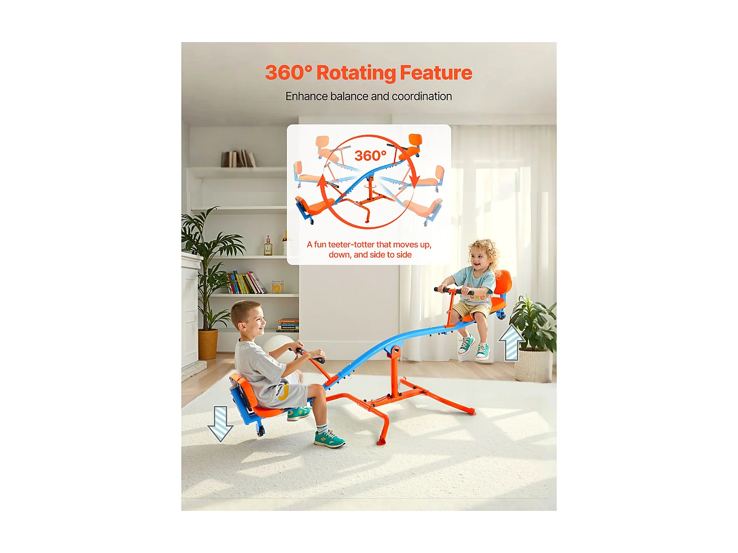 Balançoire à Bascule SucceBuy, Capacité de Charge 136 kg, avec Poignées Confortables, Sièges à Dossier, Rotation à 360°, pour 2 Enfants 3 Ans et Plus