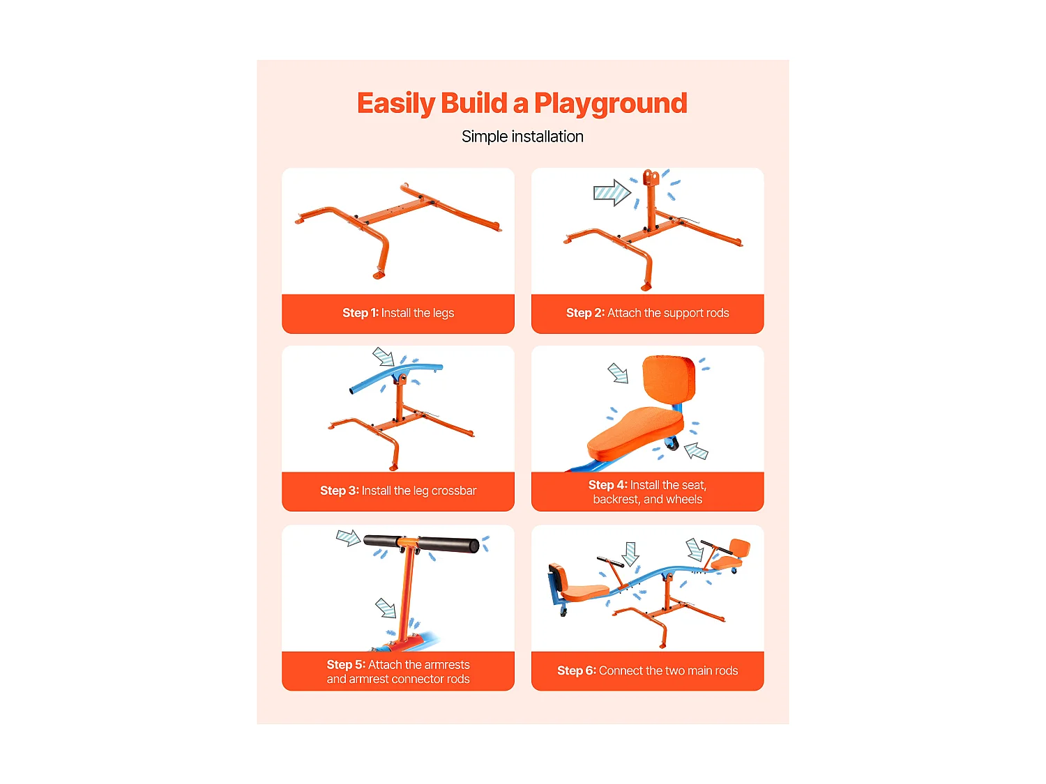 Balançoire à Bascule SucceBuy, Capacité de Charge 136 kg, avec Poignées Confortables, Sièges à Dossier, Rotation à 360°, pour 2 Enfants 3 Ans et Plus