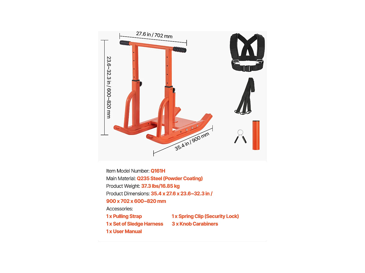 Krachtige Duw- en Trekslee SucceBuy, Krachttrainingsapparatuur, met in Hoogte Verstelbare Handgreep, voor Fitness, Oranje