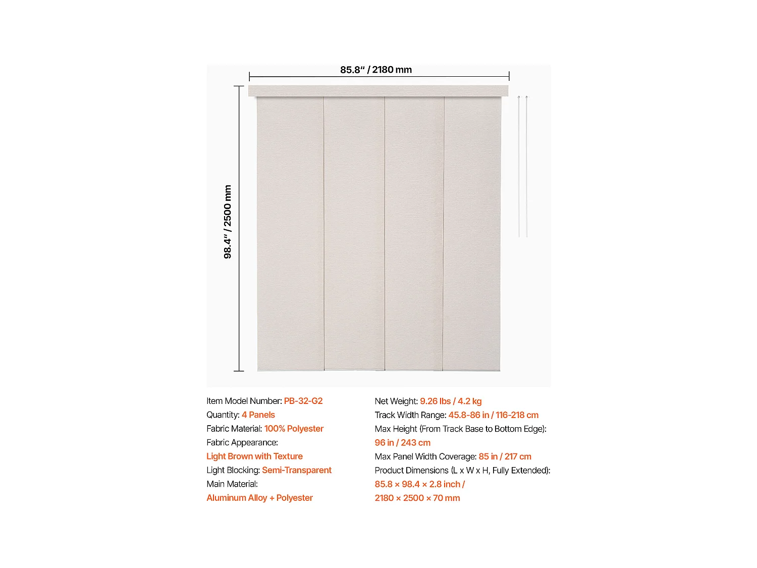 Store à Panneaux SucceBuy sur Rail Extensible, 116-218 cm de Largeur, Panneau Japonais Vertical Ajustable jusqu'à 243 cm de Hauteur, Marron Clair