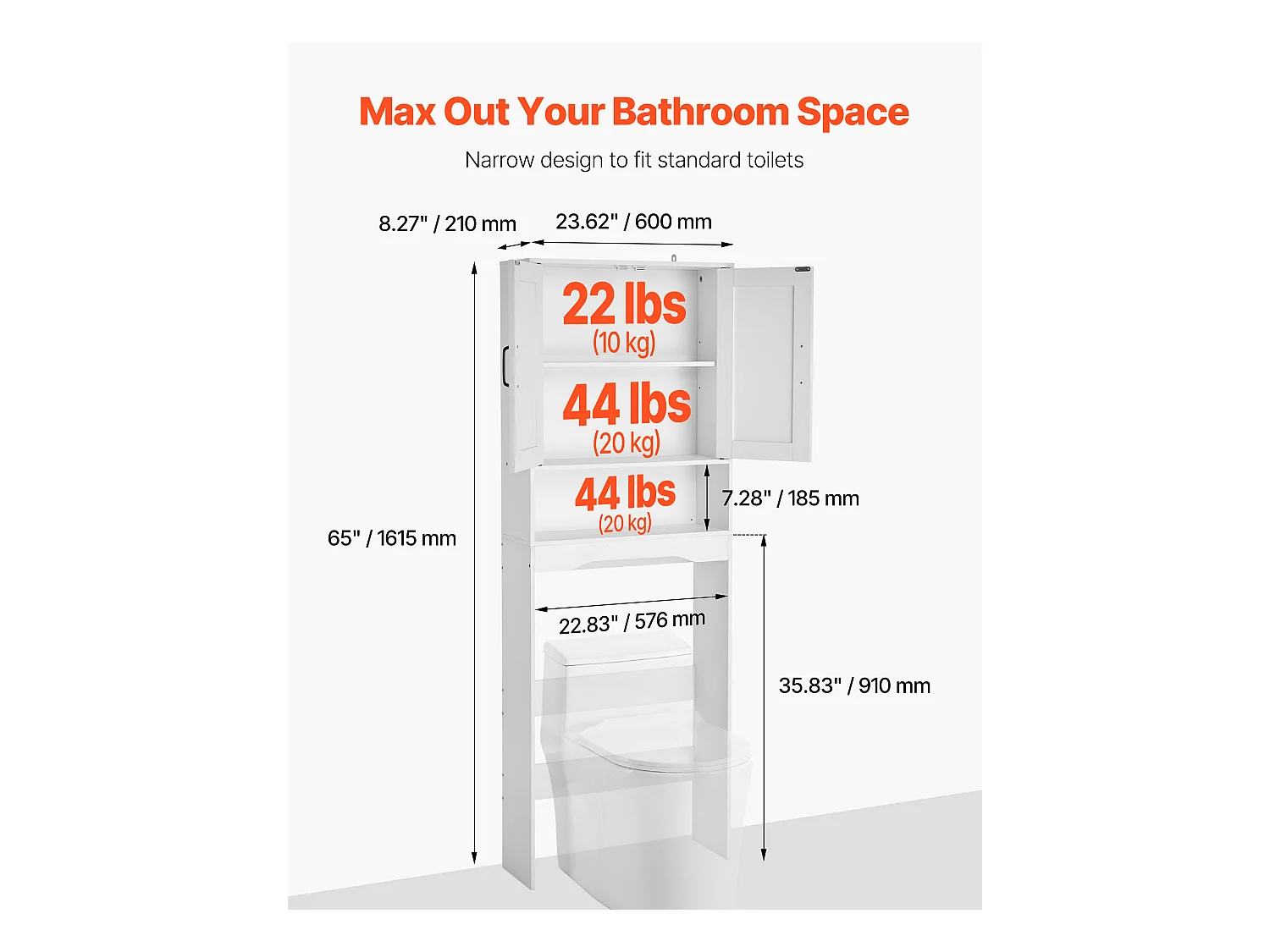 Opbergmeubel SucceBuy voor Toilet, Hoogte 165,1 cm, Opbergruimte Boven Toilet of Wasmachine, Ruimtebesparende Badkamerkast, Wit