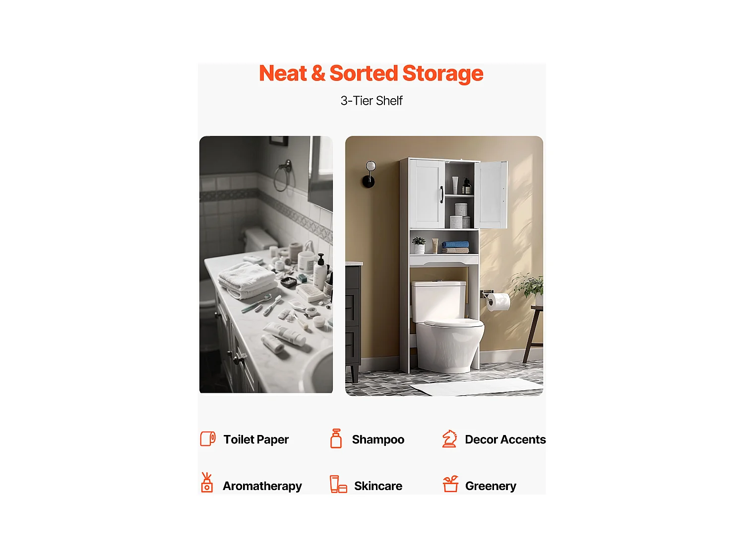 Opbergmeubel SucceBuy voor Toilet, Hoogte 165,1 cm, Opbergruimte Boven Toilet of Wasmachine, Ruimtebesparende Badkamerkast, Wit