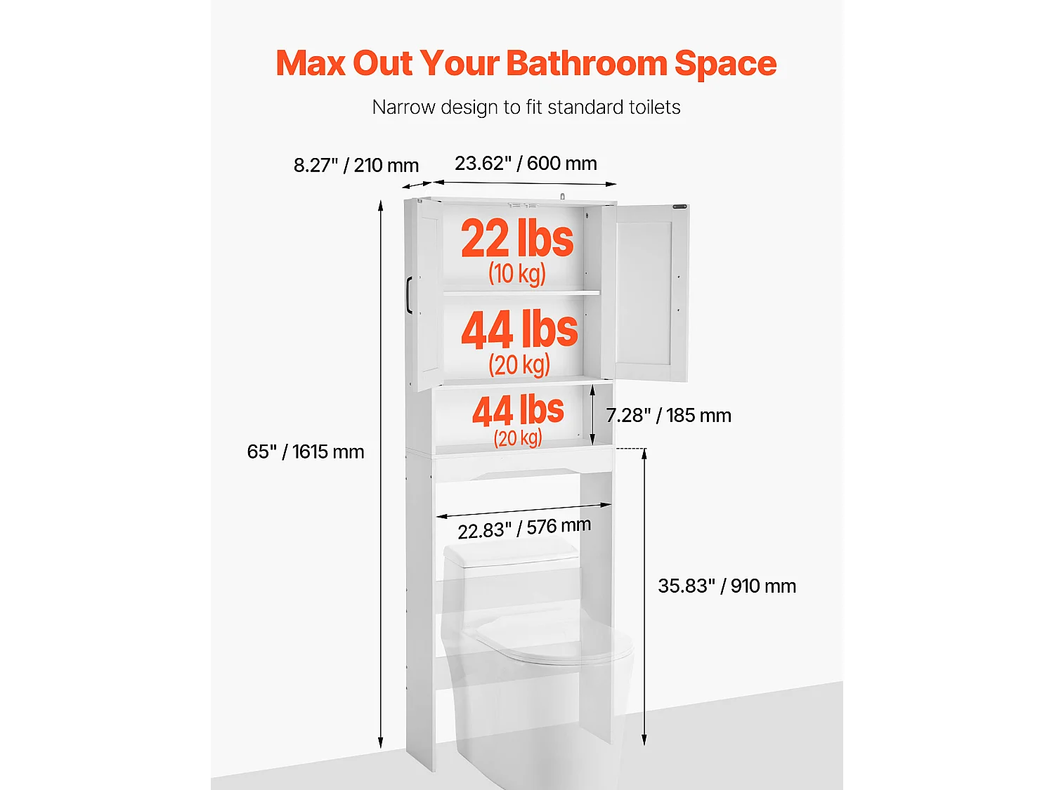 Meuble de Rangement WC SucceBuy, Hauteur 165,1 cm, Rangement au Dessus des Toilettes ou Machine à Laver, Armoire de Salle de Bain Gain de Place, Blanc