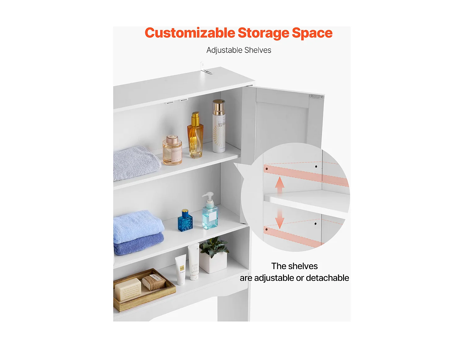 Meuble de Rangement WC SucceBuy, Hauteur 165,1 cm, Rangement au Dessus des Toilettes ou Machine à Laver, Armoire de Salle de Bain Gain de Place, Blanc