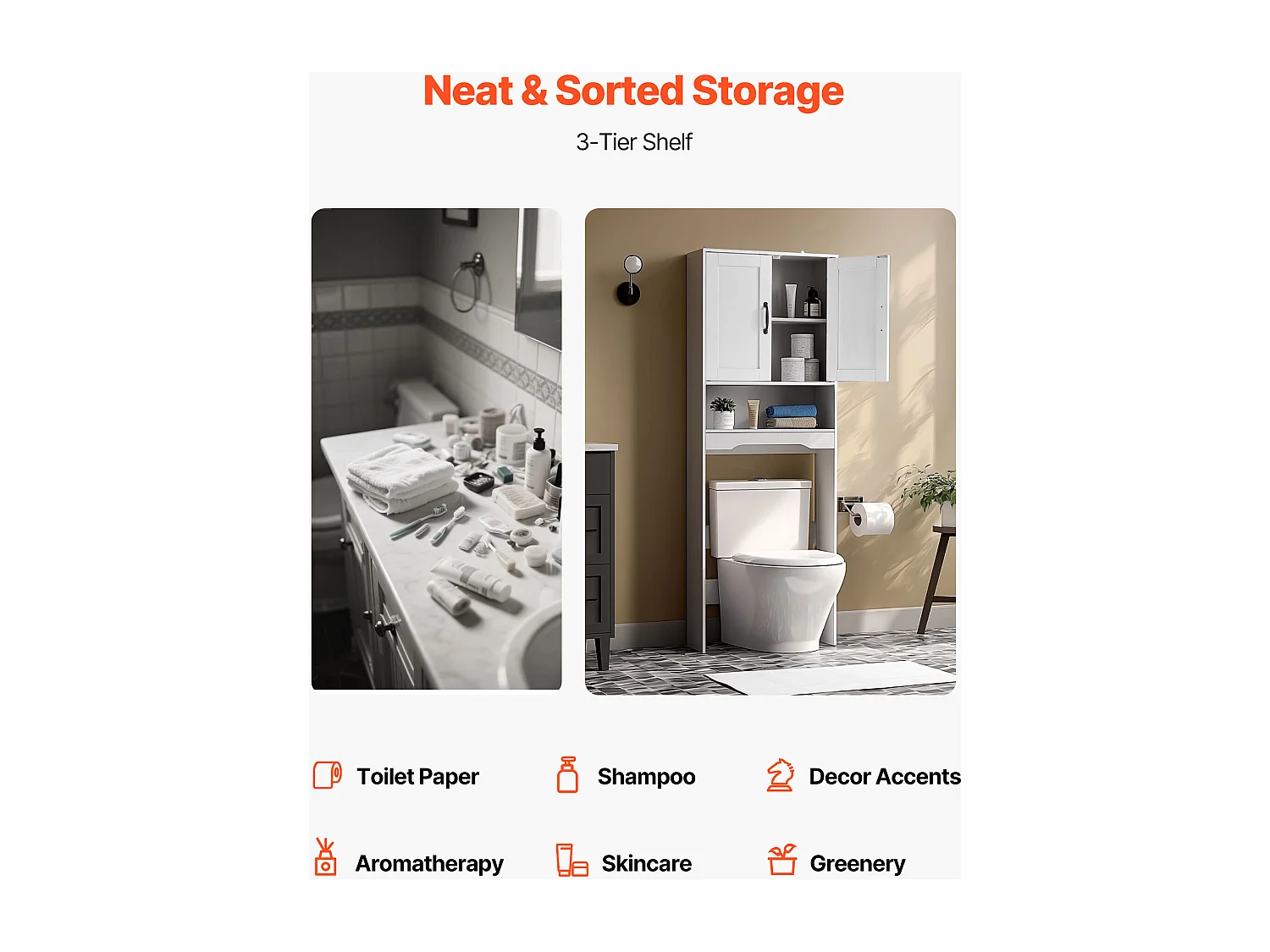 Meuble de Rangement WC SucceBuy, Hauteur 165,1 cm, Rangement au Dessus des Toilettes ou Machine à Laver, Armoire de Salle de Bain Gain de Place, Blanc