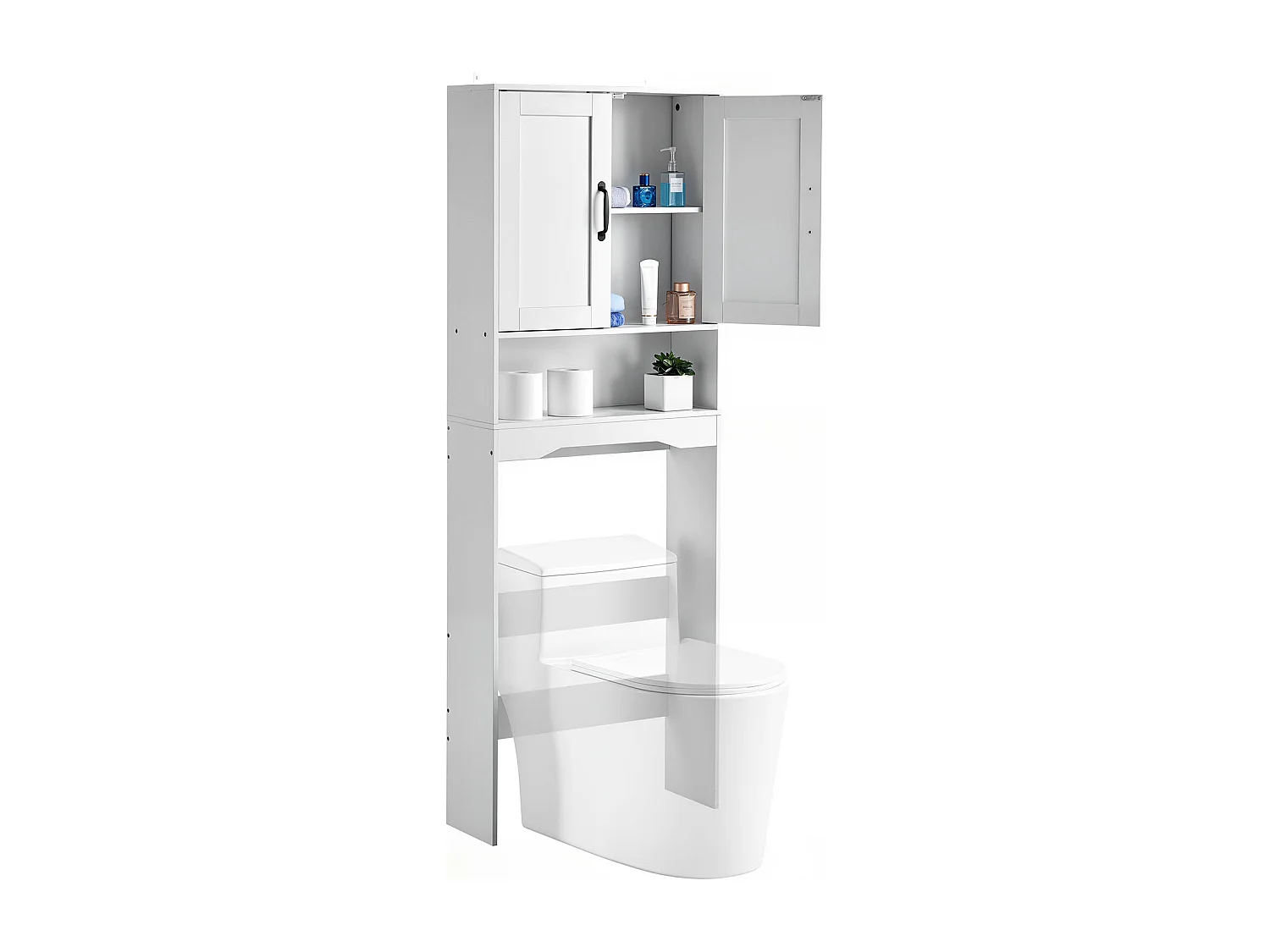 Meuble de Rangement WC SucceBuy, Hauteur 165,1 cm, Rangement au Dessus des Toilettes ou Machine à Laver, Armoire de Salle de Bain Gain de Place, Blanc