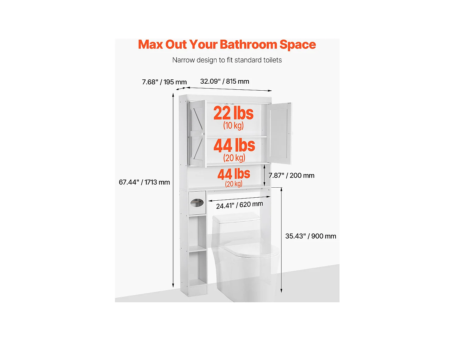 Meuble de Rangement WC SucceBuy, Hauteur 171,3 cm, Rangement au Dessus des Toilettes ou Machine à Laver, Armoire de Salle de Bain Gain de Place, Blanc