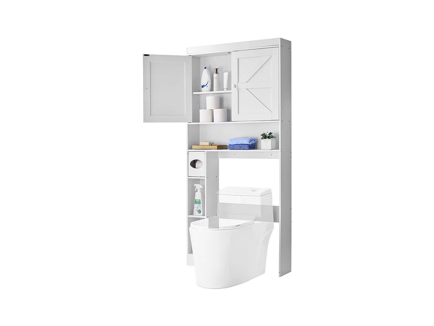 Meuble de Rangement WC SucceBuy, Hauteur 171,3 cm, Rangement au Dessus des Toilettes ou Machine à Laver, Armoire de Salle de Bain Gain de Place, Blanc