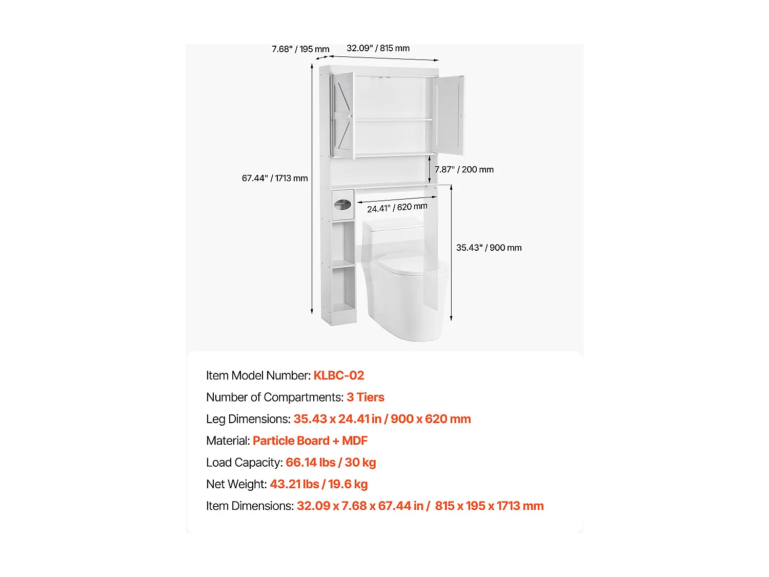 Meuble de Rangement WC SucceBuy, Hauteur 171,3 cm, Rangement au Dessus des Toilettes ou Machine à Laver, Armoire de Salle de Bain Gain de Place, Blanc