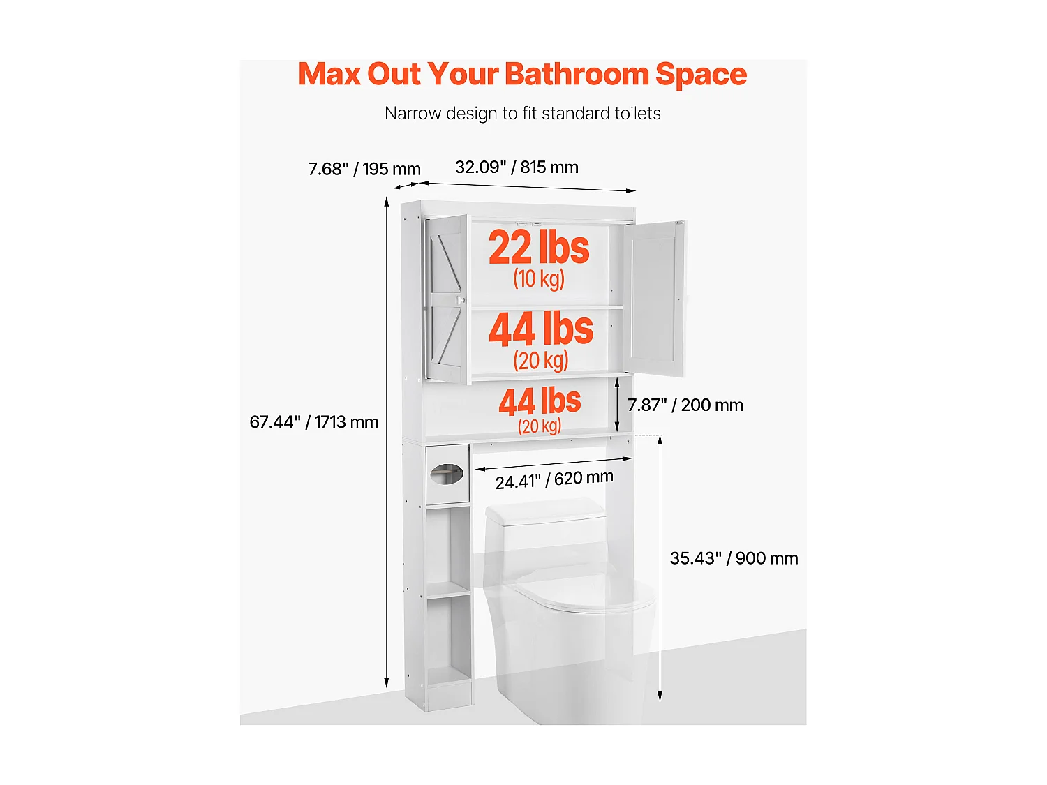 Meuble de Rangement WC SucceBuy, Hauteur 171,3 cm, Rangement au Dessus des Toilettes ou Machine à Laver, Armoire de Salle de Bain Gain de Place, Blanc