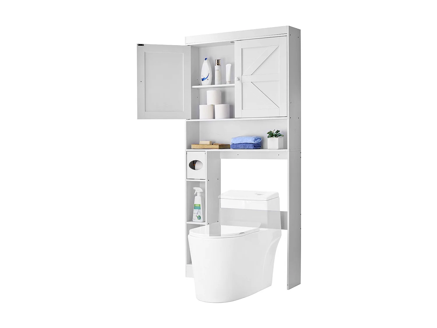 Meuble de Rangement WC SucceBuy, Hauteur 171,3 cm, Rangement au Dessus des Toilettes ou Machine à Laver, Armoire de Salle de Bain Gain de Place, Blanc
